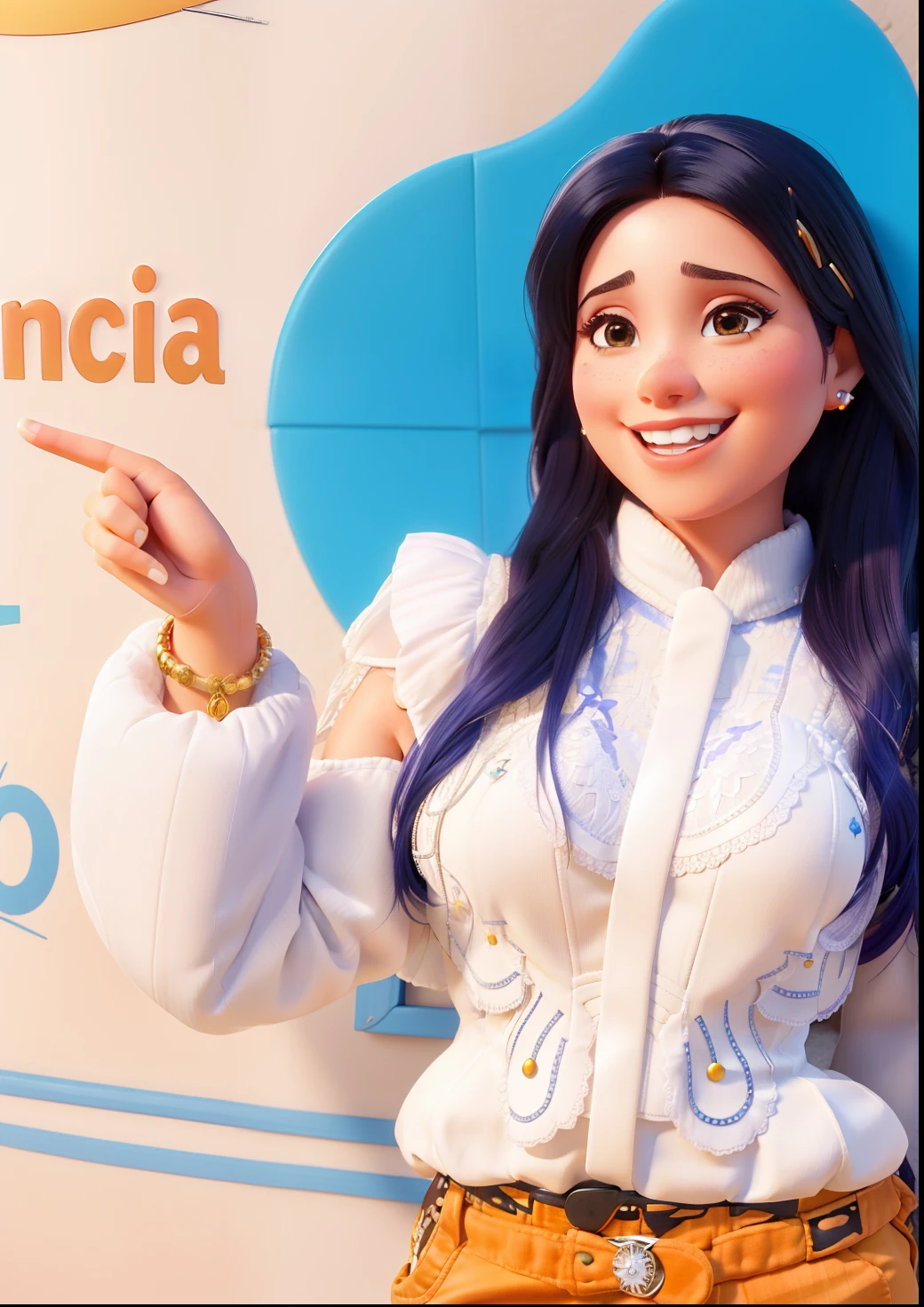 mulher, cabelo loiro, blusa branca, estilo Disney pixar, mulher loira, cabelos claros, de Arafed apontando para um sinal, inspired by Veronica Ruiz de Velasco, Directed by: Veronica Ruiz de Velasco, Marischa Becker, inspired by Gina Pellón, by Gina Pellón, fernanda suarez, by Almeida Júnior, Directed by: Hugo Sanchez Bonilla, Lorena Avarez estilo Disney pixar