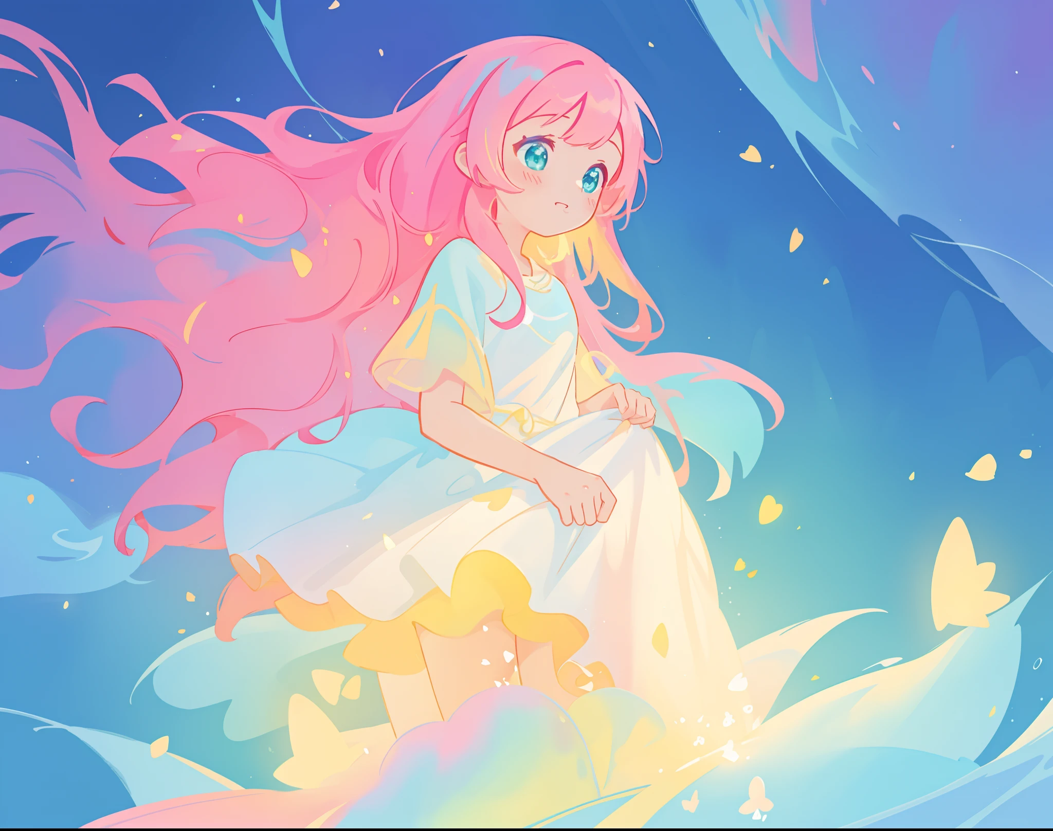 beautiful girl in flowing white dress, vibrant pastel colors, (colorful), magical lights, long flowing colorful pink hair, otherworldly aqua and blue landscape background, inspired by Glen Keane, inspired by Lois van Baarle, disney art style, by Lois van Baarle, glowing aura around her, by Glen Keane, jen bartel, glowing lights! digital painting, flowing glowing hair, glowing flowing hair, beautiful digital illustration, fantasia background, whimsical, magical, fantasy, beautiful face, ((masterpiece, best quality)), intricate details, highly detailed, sharp focus, 8k resolution, sparkling detailed eyes, liquid watercolor