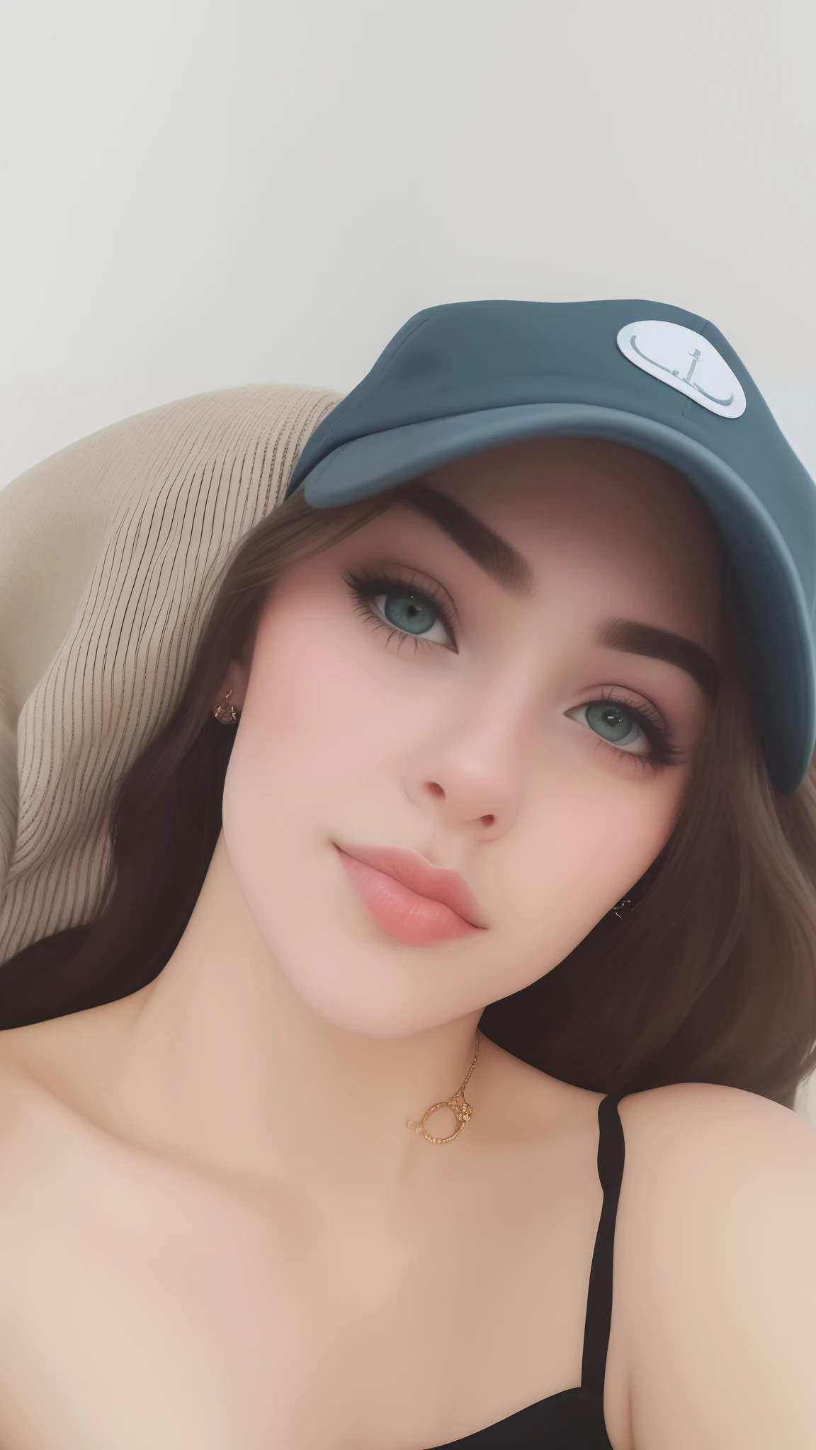There's a woman wearing a cap and a blouse, olhos verdes, cabelos loiros escuros, chilled out smirk on face, Anastasia Ovchinnikova, rosto perfeito ), 🤤 retrato da , Wearing a cute necklace and cap, Anna Nikonova aka Newmilky, Cara Sexy, Alina Ivanchenko, selfie de uma jovem mulher, rosto extremamente bonito, thick lips, Taran Dasha