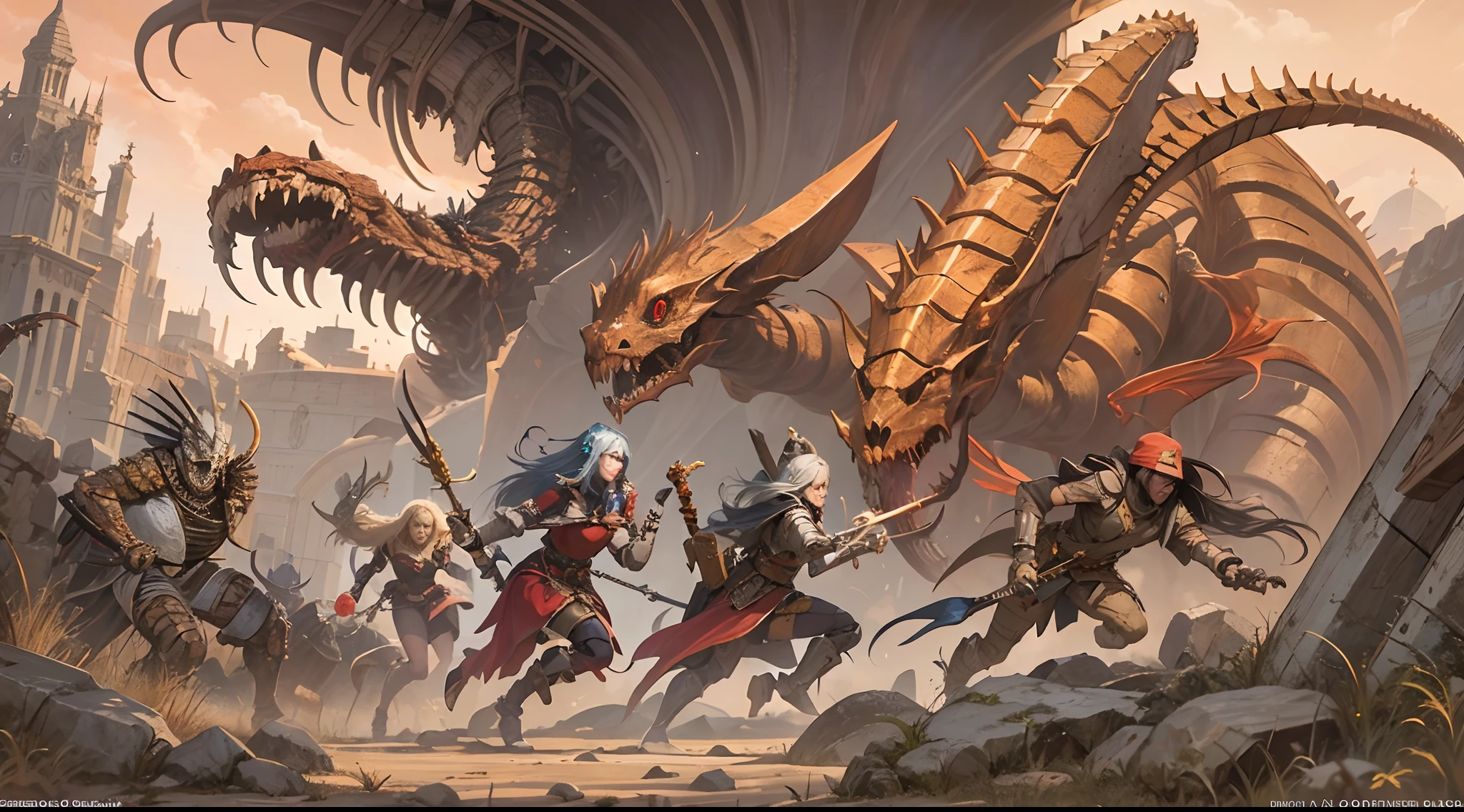 four adventurers running away from a battle, behind them a giant skeletal centipede gives chase, under the centipedes feet is the remenants of a camp set up now thrashed by the monster, the adventurers consist of an female elf ranger, a dwarf fighter, a human necromancer and a birdperson paladin