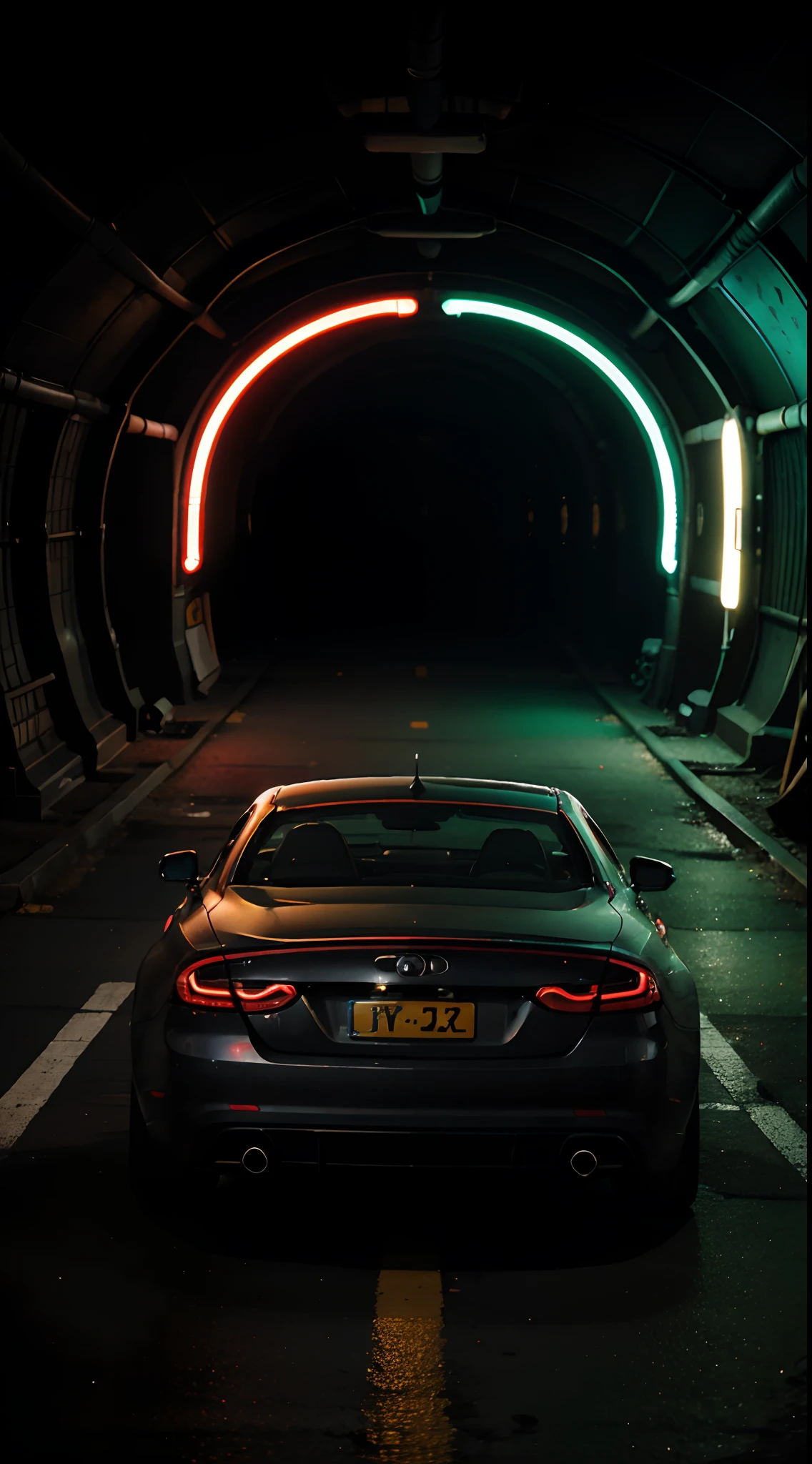 Car in the neon lights tunnel