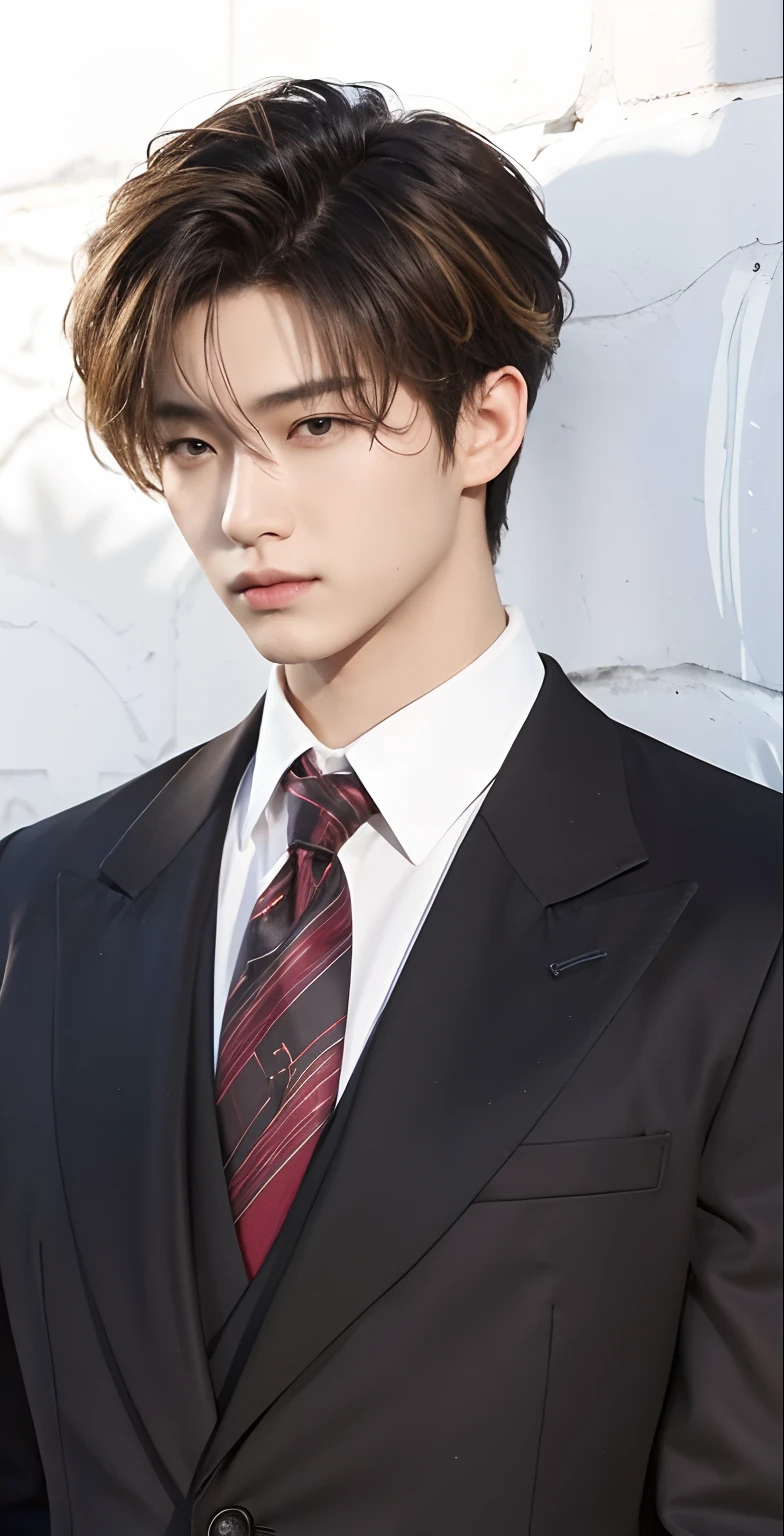 A man with realistic black and blonde hair, exactly the same hairstyle, realistic Korean handsome face, realistic cool expression, realistic V-shaped chin, adapts exactly the same clothes,Realistic light, realistic shadows, realistic background,Her hair has 2 colors of realistic black and blonde