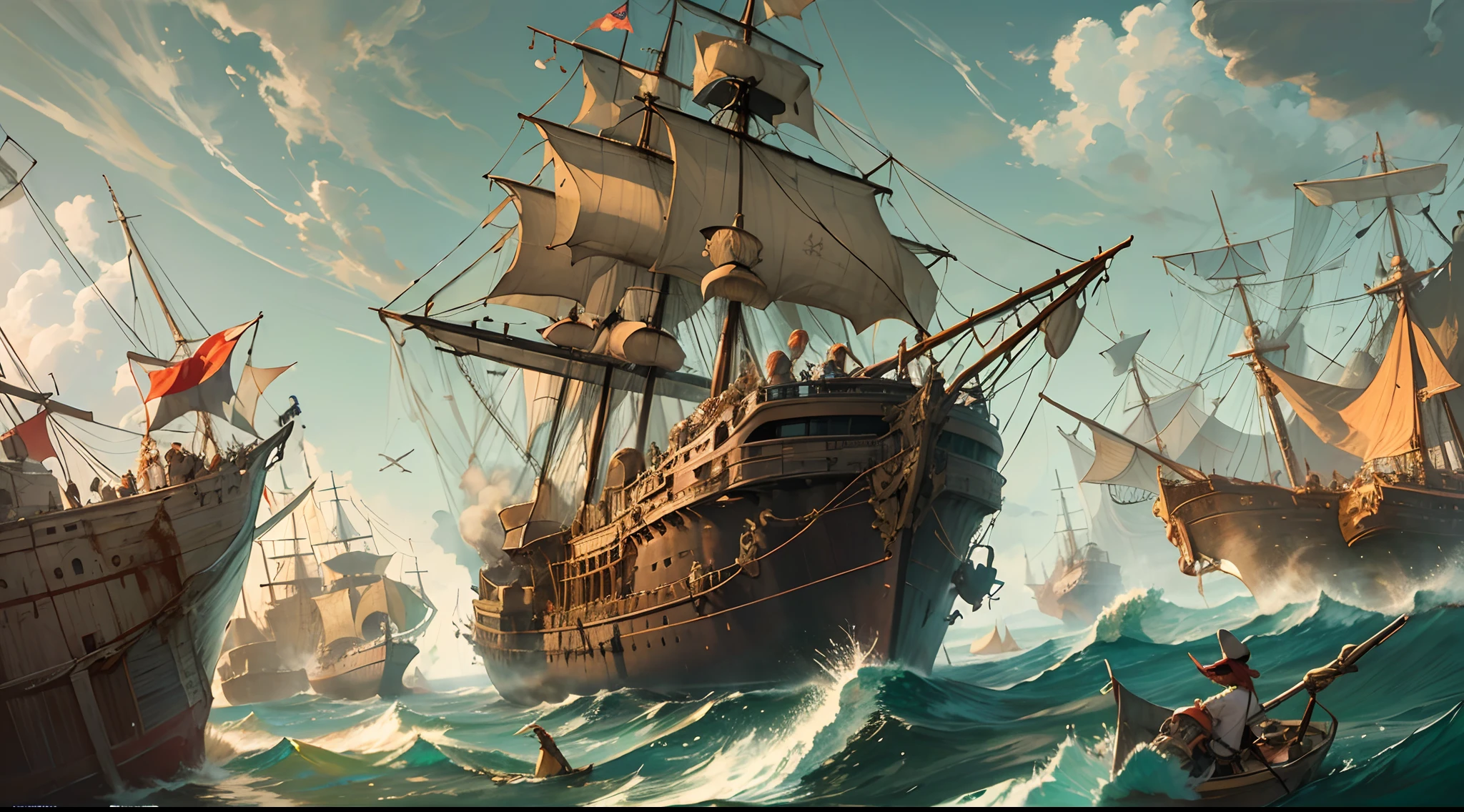 a massive titanic colossal galleon ship in the centre of the picture being shot at by two ships at either side, focus on the right side of the picture where pirates are taking hits by arrows shot from the center ship as a cute goblin girl riding a wolf jumps aboard, in the galleon a dwarf pirate captain shouts orders as an ginger elf ranger shoots at the right ship with her longbow, on the left side another boat panics as its about to get rammed by the galleon