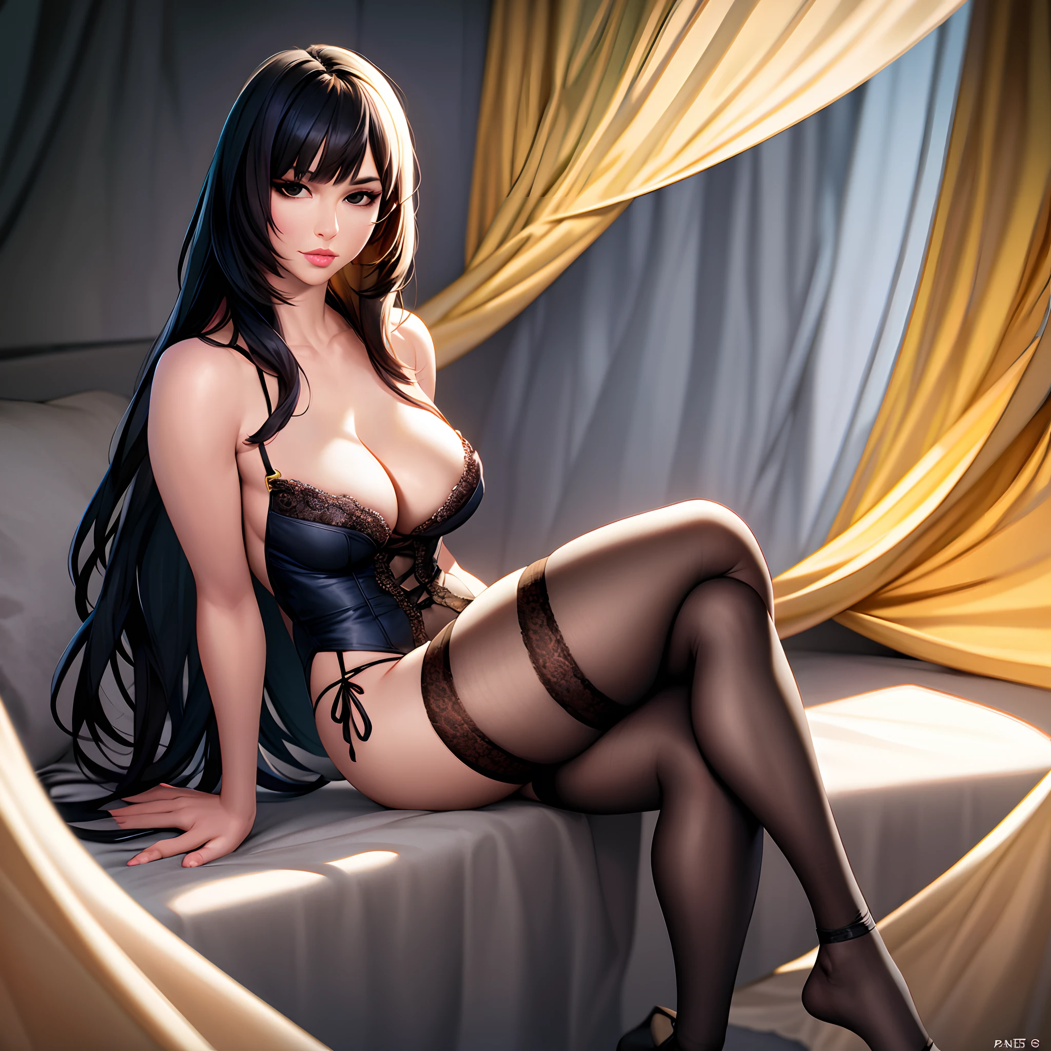Breasts, Solo, Black hair, upper legs, Long hair, cleavage, view the viewer, Realistic, mediuml breasts, Lips, parted lip, sofe, Bare shoulders, Sitting, bangs, Black eyes, lace-trimmed legwear, Curtains