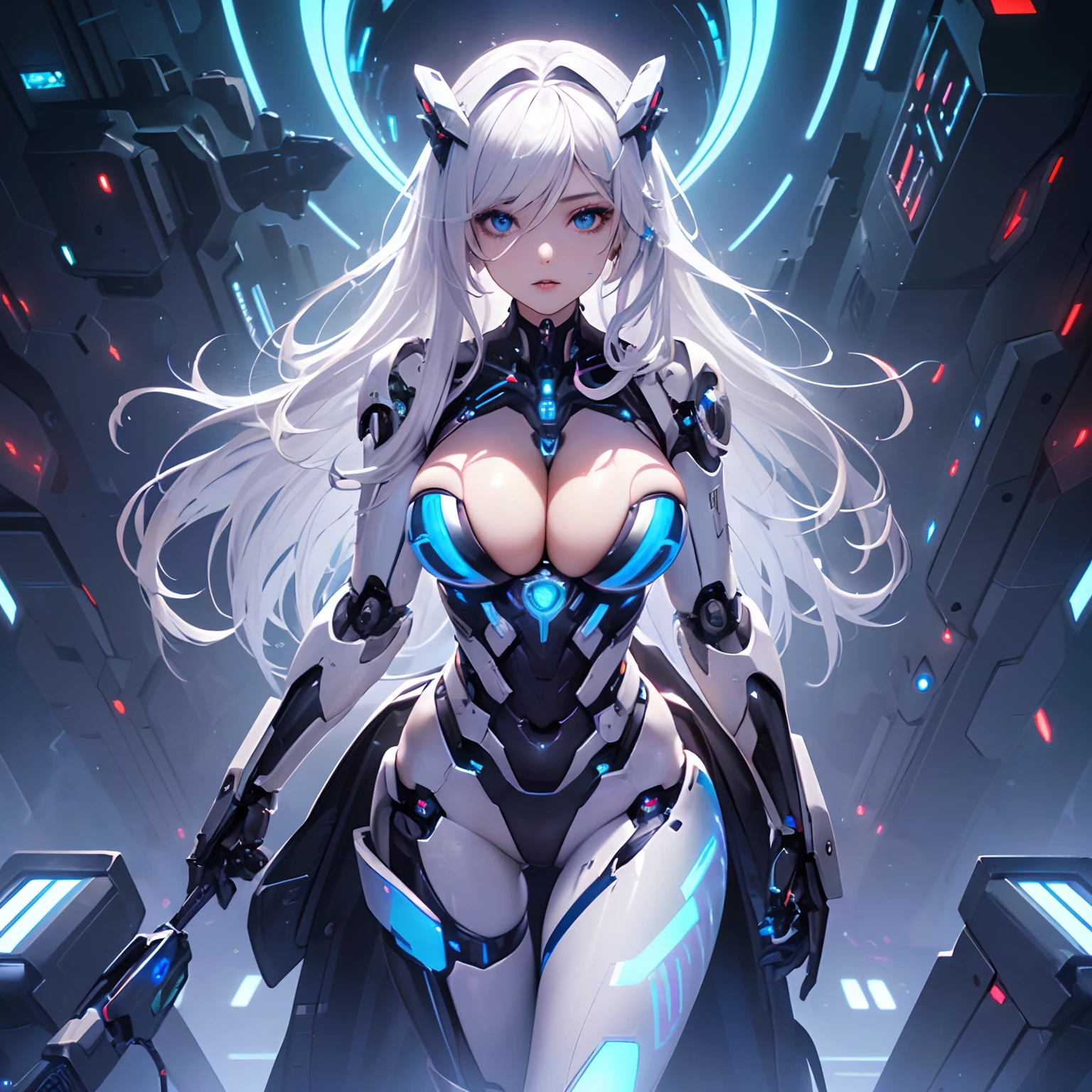 (((Of the highest quality)), (masterpiece), (detail:1.4), (((translucent mechanical robotic parts, black cyborg))), ((((solo)))), (((female focus))), ((woman made out of cyber parts)), ((skin of hips and thighs)), (((futuristic background))), many blue lights, (long white hair), (((Beautiful iridescent long hair))), (((blue Aurora Inner Hair))), Costume typography and numbering, ((grey and black eyes)), (((full lips))), detailed face, gorgeous eyes, iridescent body, standing, ((facing camera)), (((skin of the cleavage)), (glowing eyes), (in a futuristic city)