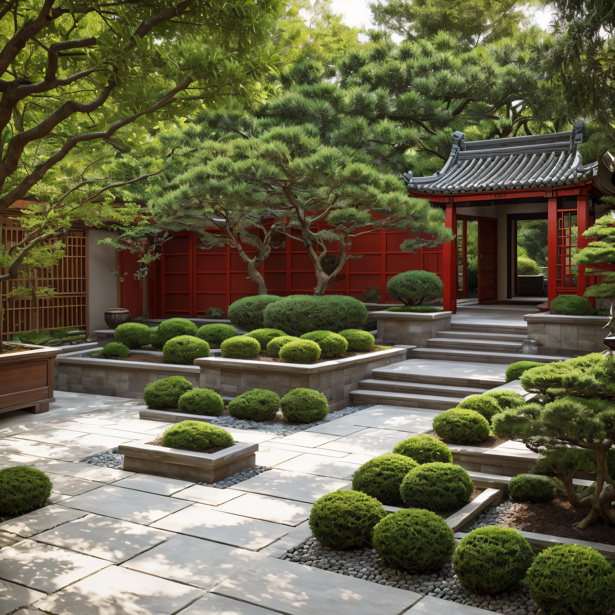 Outdoor Garden
Style: Red Bonsai Oasis
Exterior: The outdoor garden is a haven of greenery and red bonsai trees. Stone pathways wind through carefully landscaped elements, creating a peaceful retreat with areas for contemplation and relaxation.
Decor: Red lanterns and traditional Chinese garden ornaments add cultural charm. Comfortable seating areas allow for outdoor enjoyment.
Atmosphere: A vibrant and tranquil outdoor space that embraces the beauty of modern Chinese landscaping.