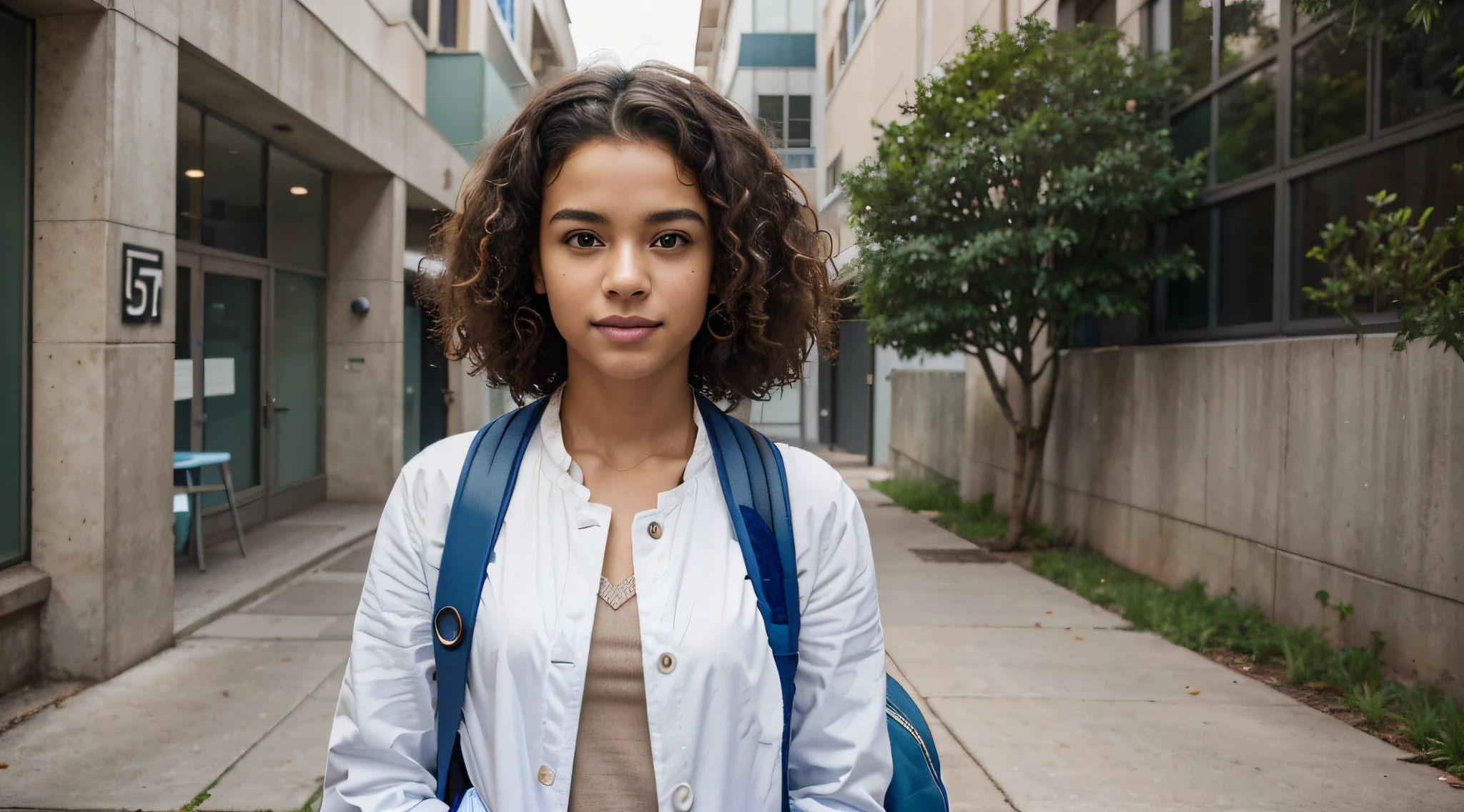 Create a prompt that generates an image of a medical student with Brazilian features. The model should be a mulatto with curly hair, wearing a white coat and a blue backpack on her back. Ensure the inclusion of curly hair, without a stethoscope. Make sure the lighting is realistic and depict the student with white and aligned teeth, in front of a university. Please make the image as realistic as possible.