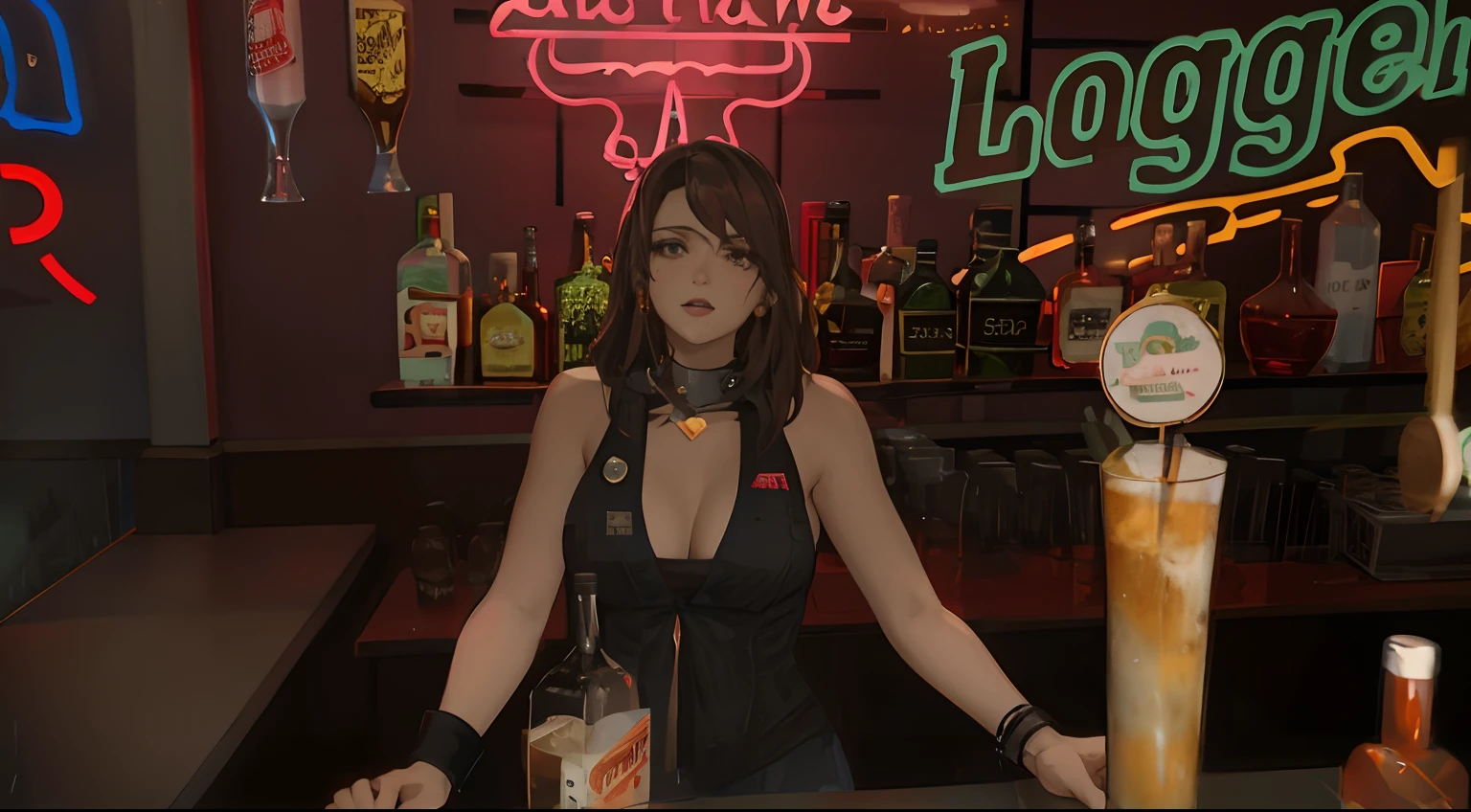 There is a woman standing in a bar with a bottle of liquor, em um bar, em um bar, beber no bar, sentado no bar, sentado em um bar, barra em segundo plano, sentado sozinho em um bar, Standing in a Starbase bar, dentro de um bar, Standing in a canteen, Captura de tela do videogame de 2020, Novo estilo Vegas