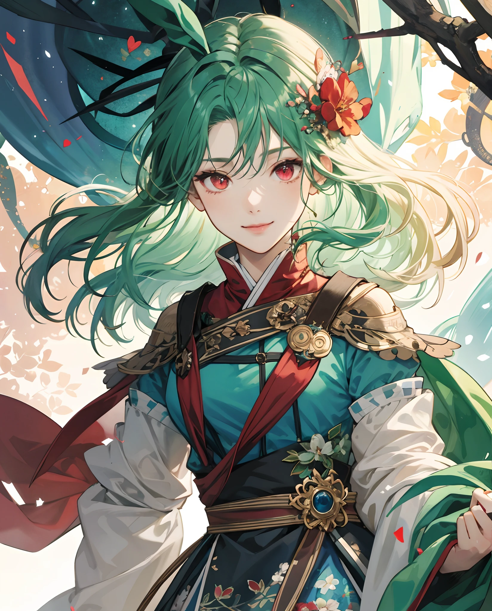 masterpiece、top-quality、超A high resolution、2D Beautiful Girl、animesque、teens girl、green colored hair、Fluffy hair、Lots of floral hair ornaments、Beautiful red eyes、The clothes are also depicted in detail、Eyes are depicted in detail、The face is depicted in detail、sorcerer、soio、Gentle smile、hair adornments、Full body front、animesque、illustratio