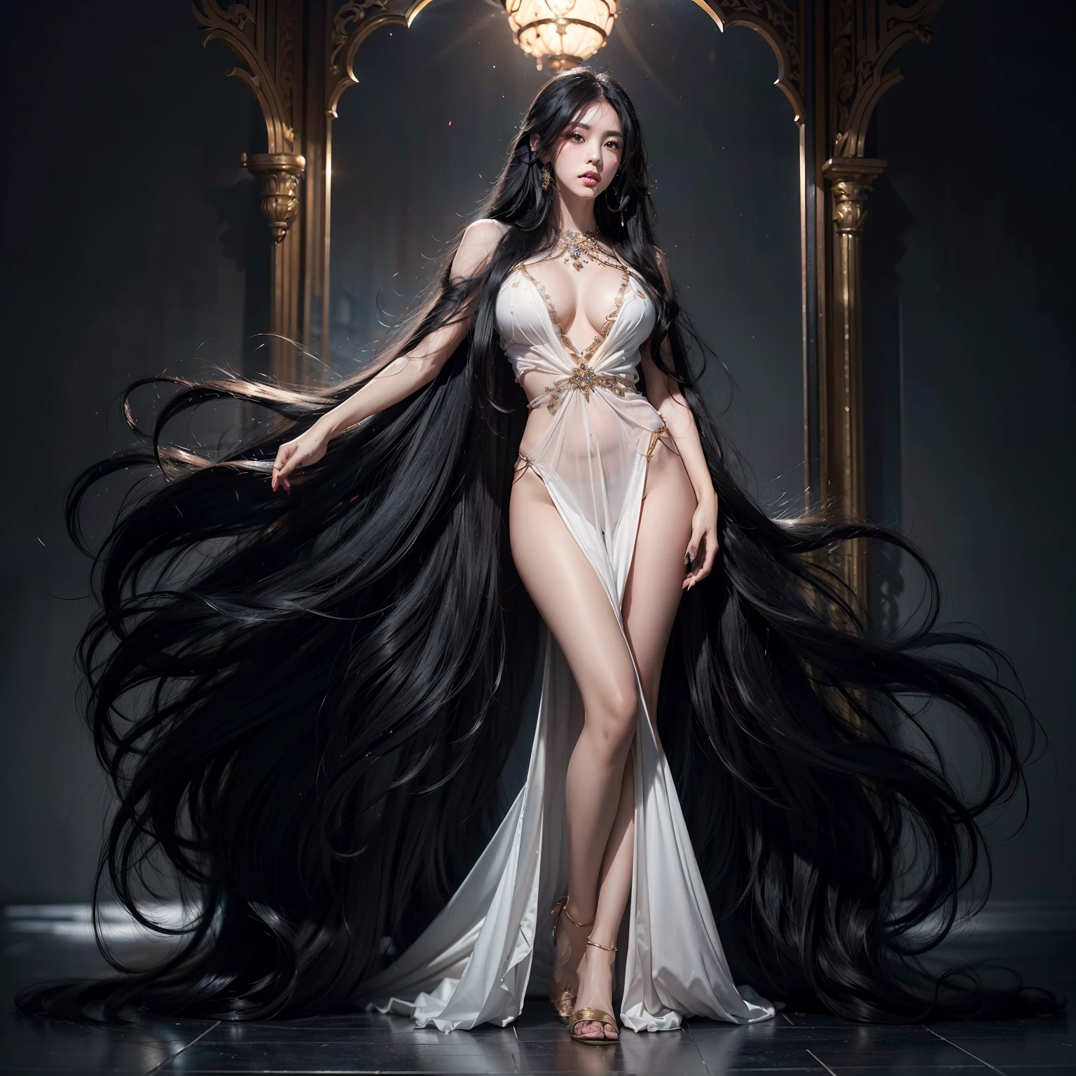 (Top image quality、top-quality、Top resolution、hyper realistic photography、Full body photo、masterpiece、16k、)1girl in、Surprisingly long black hair is super beautiful、hair length about 3 meters、White underwear or naked、Hide the whole body with straight black hair、Very beautiful face、well-groomed beautiful black hair、very large amount of hair、Ultra-long black hair with an emphasis on sex appeal as a woman、slim figure、Lustrous beautiful hair、Bright lighting、profetional lighting、Winner of the World Long Hair Contest、Full body real photo、Head-to-toe photo、Photo taken from about 4 meters away、Super Real、Two hands、2 legs、The longest black hair in the world、Hair is heavy and tired、Hair longer than Rapunzel、very large amount of hair、I hide my whole body with very long black hair、Hair that is shampooed every day is very clean、Hair smells of roses、Very long black hair is my sex appeal、Very long black hair is my charm、Long black hair is a symbol of beauty、My pride is very long black hair、This long hair length and amount is admired all over the world、My very long black hair is spread out in a fan shape、Facing backwards、Sleeping face down、Silky black hair flowing from the shoulders to the floor、Ridiculously large amount of hair、The hair is ridiculously bushy、Wrap the entire bed in hair、Hide my hands with long hair、Hide my fingers with long hair、A storm of angry black hair that seems to overflow from the screen、