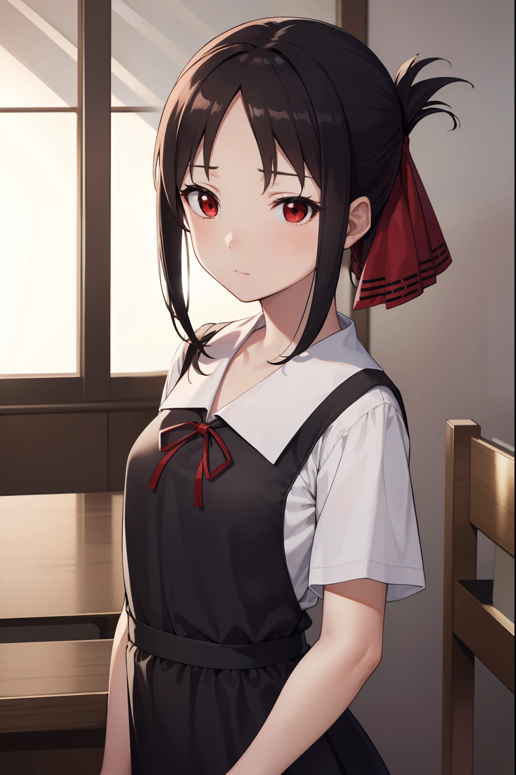 kaguyashinomiya, kaguya shinomiya, folded ponytail, forehead, hair ribbon, (red eyes:1.5), red ribbon, ribbon, short hair, sidelocks, (small breast:1.2),
BREAK black dress, dress, pinafore dress, school uniform, shirt, short sleeves, shuuchiin academy school uniform, white shirt,
BREAK looking at viewer,
BREAK indoors, classroom,
BREAK (masterpiece:1.2), best quality, high resolution, unity 8k wallpaper, (illustration:0.8), (beautiful detailed eyes:1.6), extremely detailed face, perfect lighting, extremely detailed CG, (perfect hands, perfect anatomy),