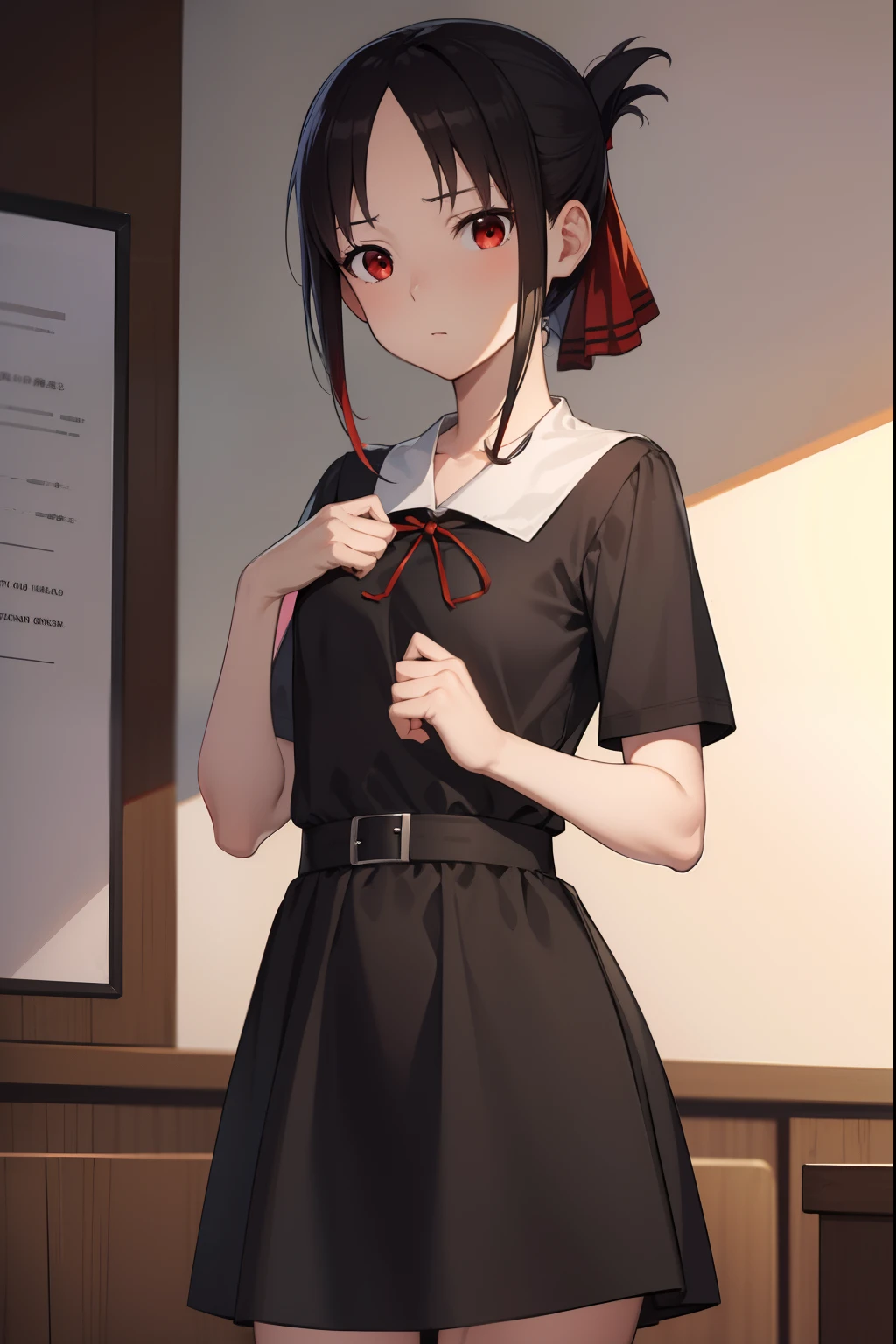 kaguyashinomiya, kaguya shinomiya, folded ponytail, forehead, hair ribbon, (red eyes:1.5), red ribbon, ribbon, short hair, sidelocks, (small breast:1.2),
BREAK black dress, dress, pinafore dress, school uniform, shirt, short sleeves, shuuchiin academy school uniform, white shirt,
BREAK looking at viewer,
BREAK indoors, classroom,
BREAK (masterpiece:1.2), best quality, high resolution, unity 8k wallpaper, (illustration:0.8), (beautiful detailed eyes:1.6), extremely detailed face, perfect lighting, extremely detailed CG, (perfect hands, perfect anatomy),