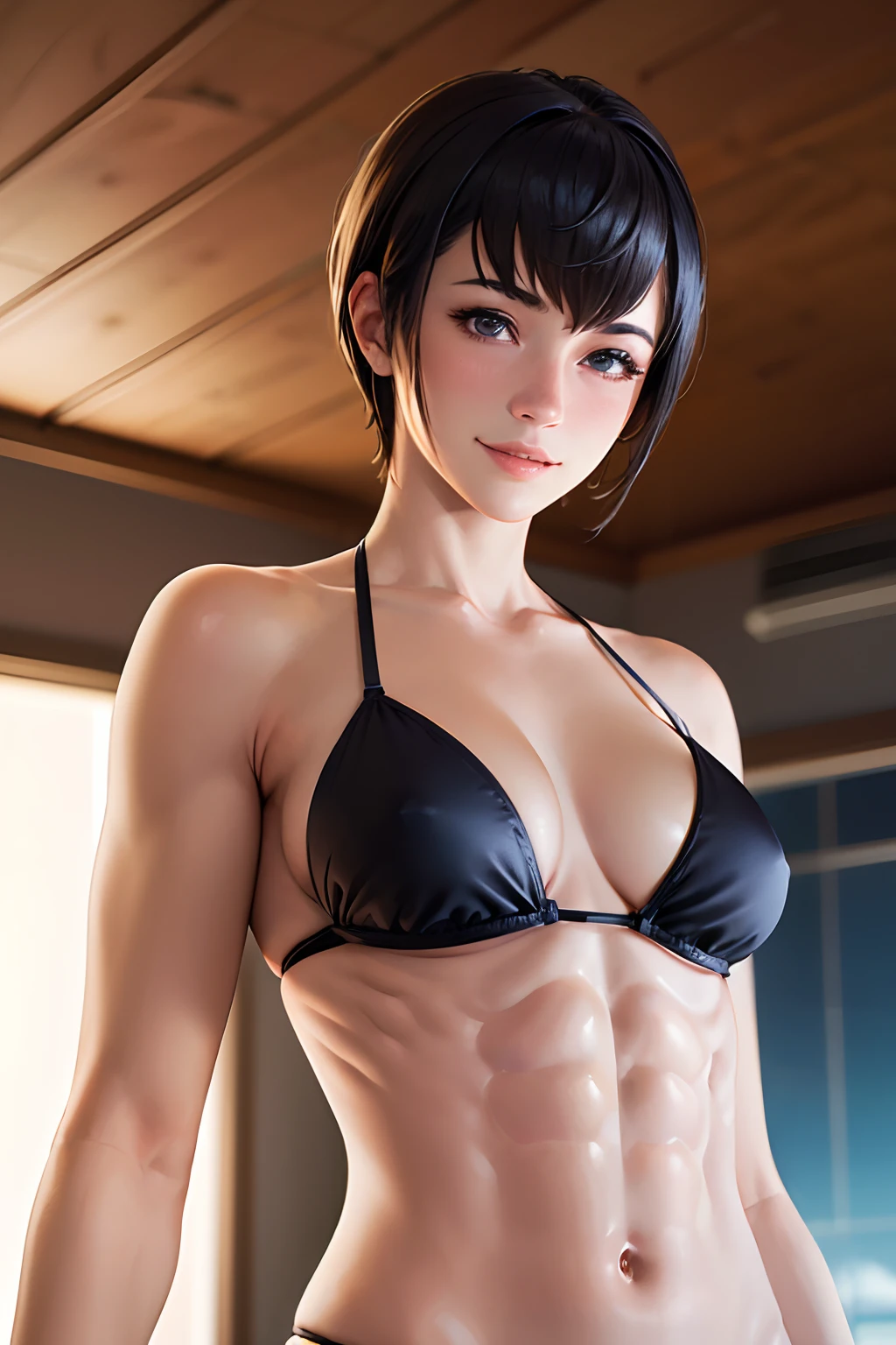 (best quality, masterpiece:1.2), ultra-detailed, realistic, mature woman, detailed hair, detailed eyes, detailed lips, kjelle, black bikini, hotel pool, blue sky, upper body, looking at viewer, realistic colors, studio lighting, short hair, brown eyes, medium breasts, [abs:0.4], (muscular), from below, (shy smile), blushing