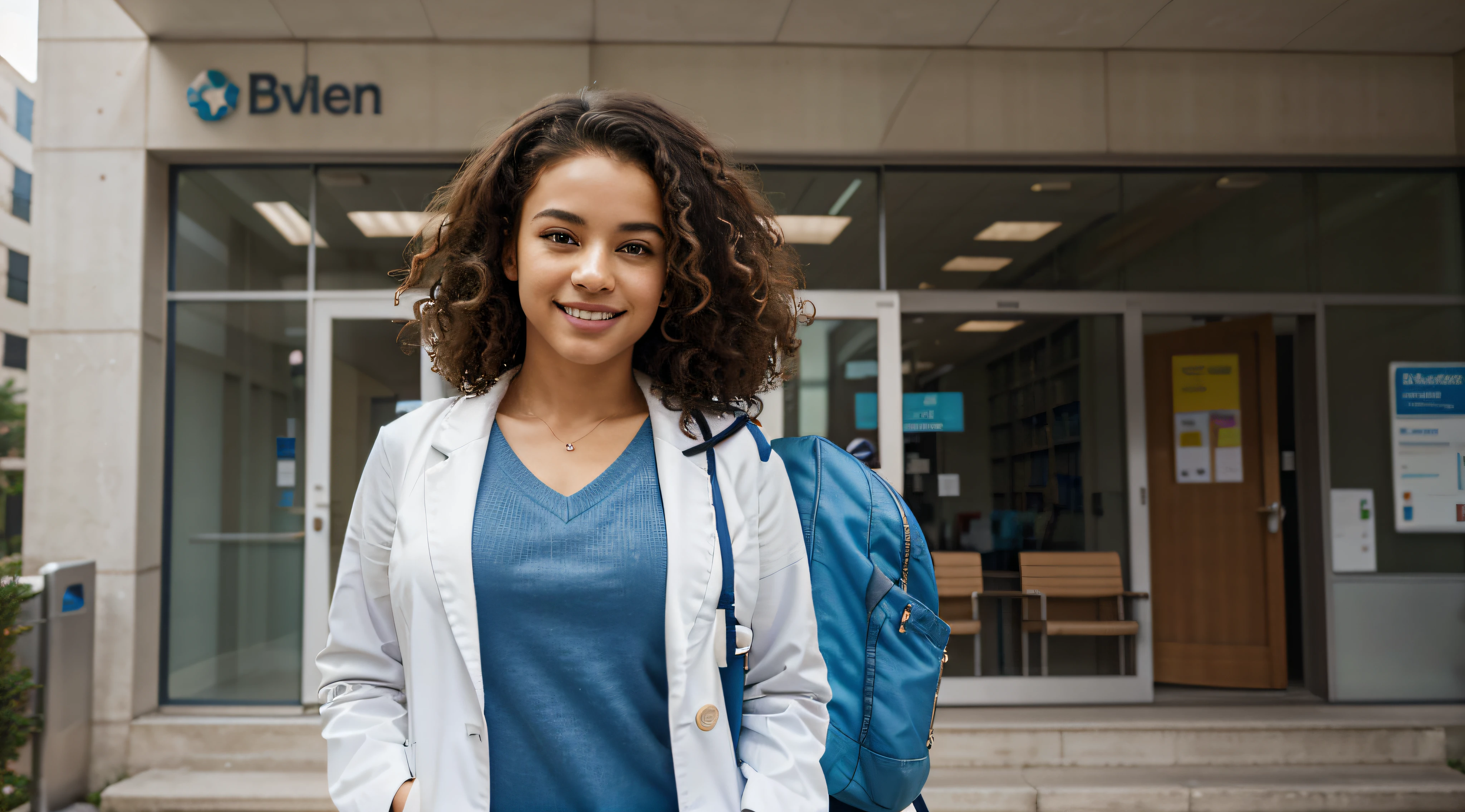 Create a prompt that generates an image of a medical student with Brazilian features. The model should be a mulatto with curly hair, wearing a white coat and a blue backpack on her back. Ensure the inclusion of curly hair, without a stethoscope. Make sure the lighting is realistic and depict the student with white and aligned teeth, in front of a university. Please make the image as realistic as possible.