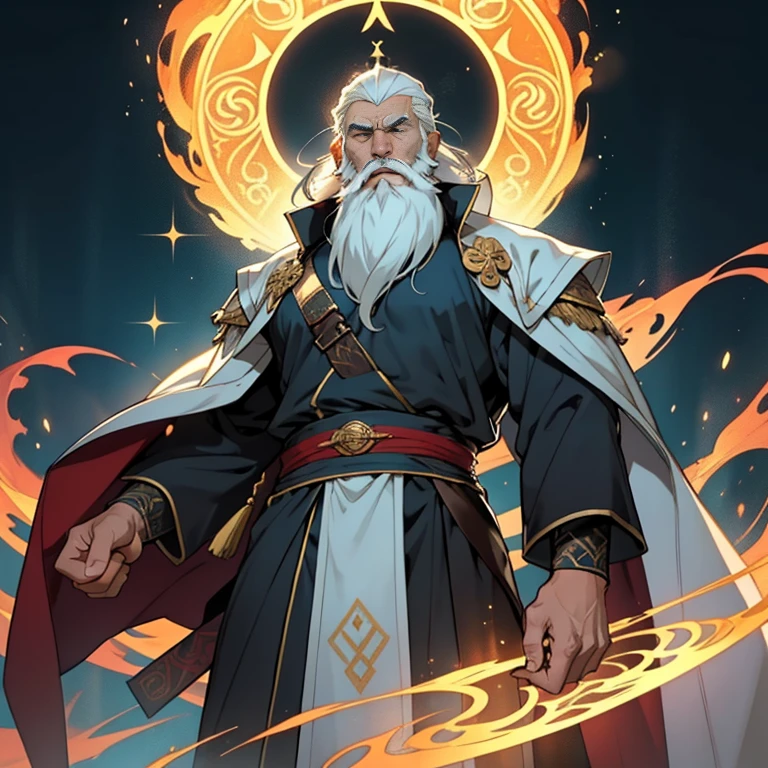 Senior Mage,Long, Flowing white beard,Jing stands with the breath of wisdom and strength. His beard, cascading down to his chest, Possess traces of a lifetime of mystical knowledge and experience. His eyes, Shine with a hint of magic, With secrets and stories that no one knows. He wears robes decorated with intricate symbols and runes, Reflects his mastery of the occult arts. His demeanor exudes a sense of calmness and authority, When he carries with him the grace of a man who has seen many times. The art style should emphasize his age and intelligence,All while maintaining an atmosphere of mystery,And respect his magical abilities.