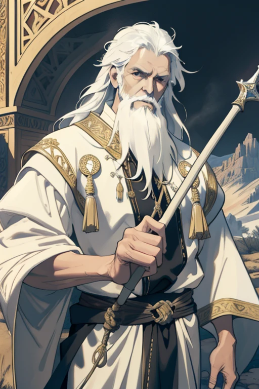 masterpiece, best quality, 1 man, 80 years, white beard, finely detailed eyes and detailed face, extremely detailed CG unit 8k wallpaper, intricate details, holding a wooden staff, best ratio four fingers and a thumb, clothes from the time of biblical times of the Old Testament, arid desert scenery, mountains and people behind, afternoon, better light and shade, serious, ointment, depth of field