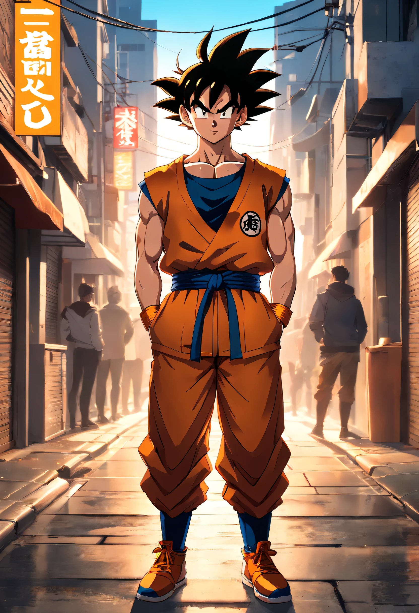 (Realistic,fotorrealista:1.37),ultra-detalhado,Detailed illustration of Goku(circunstanciado,emocional,Expressivo,feature),com roupas estilo streetwear(fashionable,Urbano,casual),Standing in a narrow alley(sombrio,corajoso,Urbano),criado com sombreamento e texturas detalhadas(linhas detalhadas,textured surfaces),cores vivas com uma mistura de tons vibrantes de arte de rua(grafity,Arte Pop,Arte Urbana),exalando uma aura de poder(poderoso,Energetic,Dynamic presence). The lighting in the scene should be dramatic and focused, com fortes contrastes entre luz e sombra (dramatic lighting,High contrast lighting). Overall image quality should be of the highest standard (best quality,4k,8k,Alto,master part:1.2), capturing every intricate detail of Faustão's face, penteado, garments, and muscular physique(tags adicionais para Goku: cabelo espetado, muscular build, confident expression, Olhos determinados). A atmosfera do beco deve refletir um ambiente Urbanoo e arenoso, with hints of a city skyline in the background.