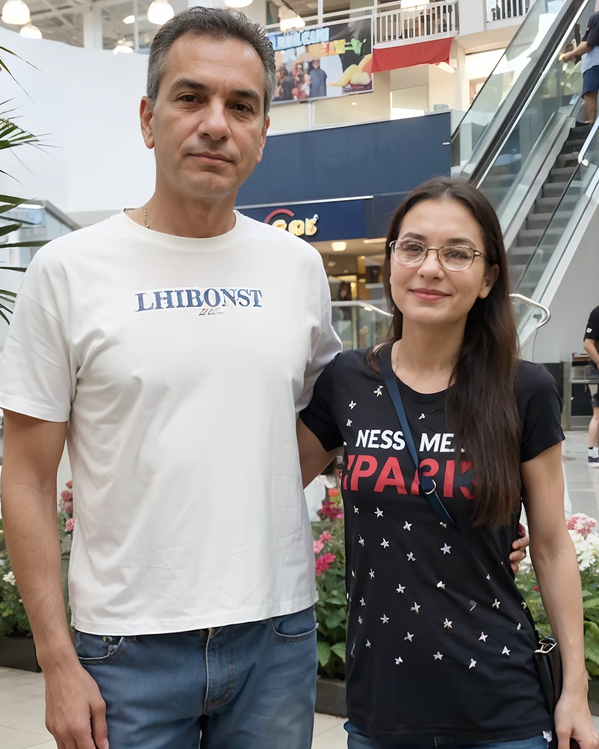 50 year old man and 80 year old woman standing in a shopping mall with a man in t-shirt, In Sao Paulo, Directed by: Nandor Soldier, aparecer em um shopping center, foto de perfil, em um shopping, david rios ferreira, Simon Hollosy, Barabas Miklos e Hollosy Simon, Foto realista, edu souza. Brazilian mother aged 70 years or older.