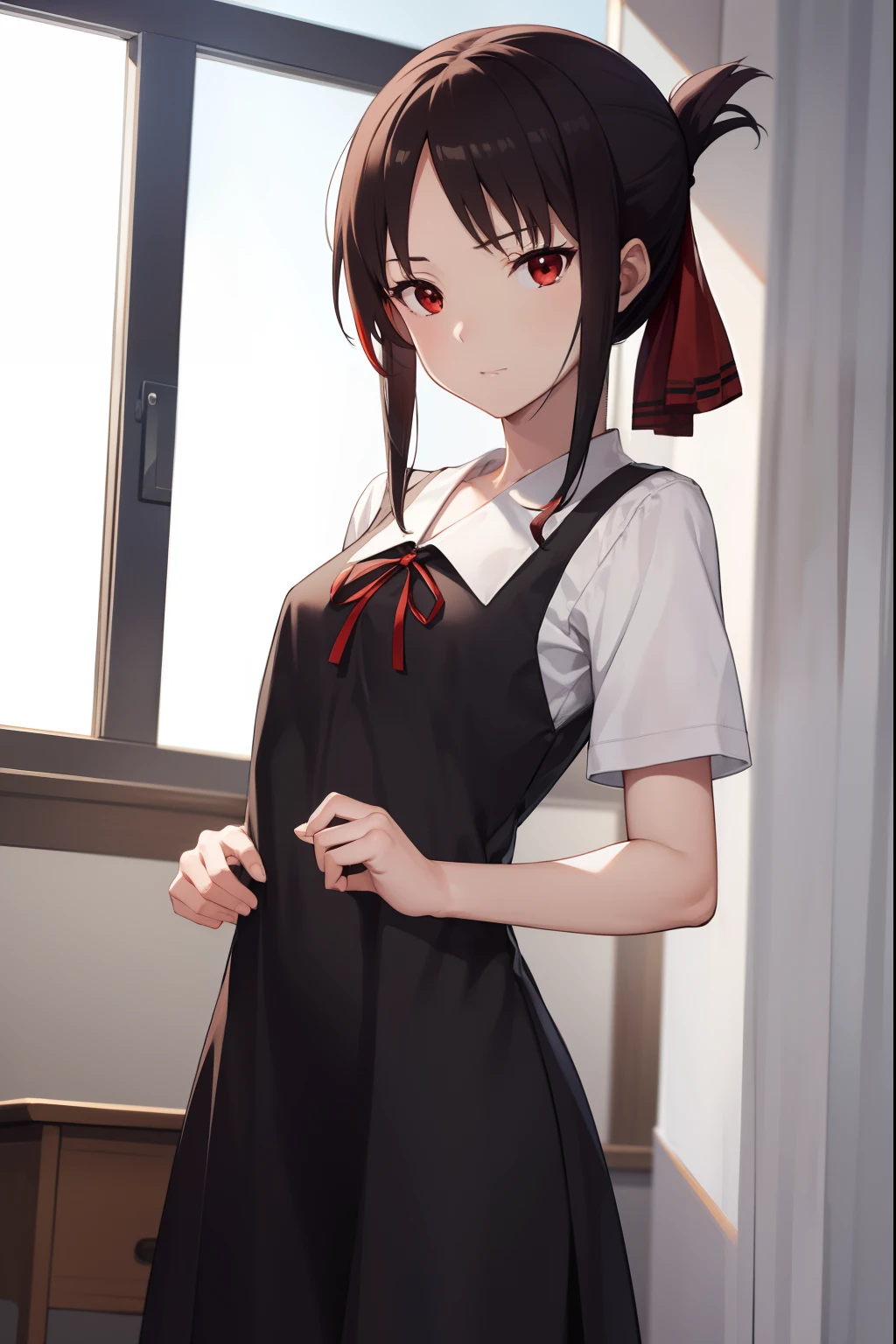 kaguyashinomiya, kaguya shinomiya, folded ponytail, forehead, hair ribbon, (red eyes:1.5), red ribbon, ribbon, short hair, sidelocks, (small breast:1.2),
BREAK black dress, dress, pinafore dress, school uniform, shirt, short sleeves, shuuchiin academy school uniform, white shirt,
BREAK looking at viewer,
BREAK indoors, classroom,
BREAK (masterpiece:1.2), best quality, high resolution, unity 8k wallpaper, (illustration:0.8), (beautiful detailed eyes:1.6), extremely detailed face, perfect lighting, extremely detailed CG, (perfect hands, perfect anatomy),