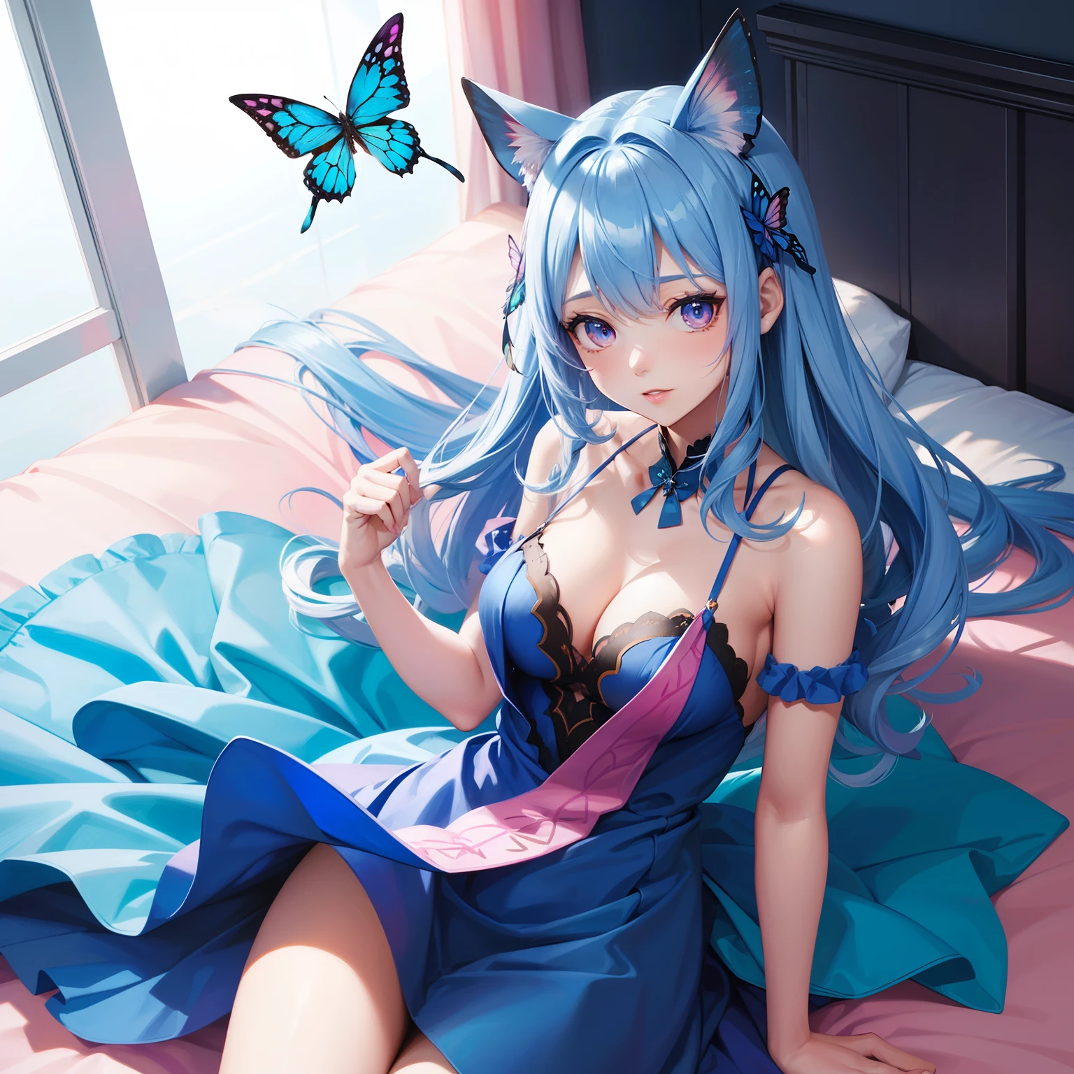a women, blue butterfly, blue hair, pink eyes, pink dress