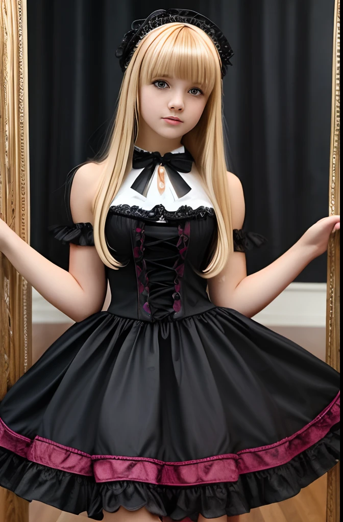 A girl,16 year old,blonde,(bangs bangs),pretty face,muscular arms,gothic and lolita dress