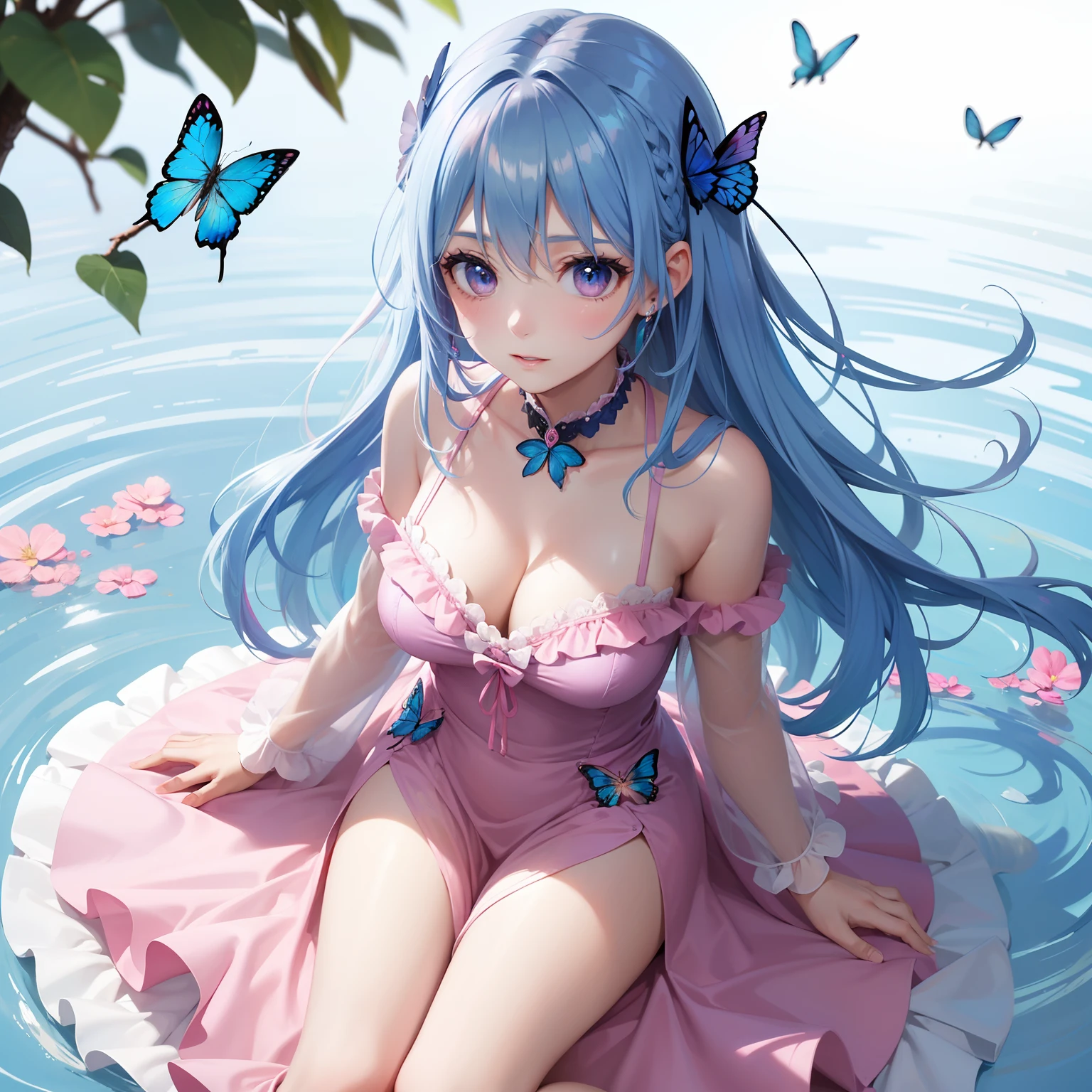 a women, blue butterfly, blue hair, pink eyes, pink dress