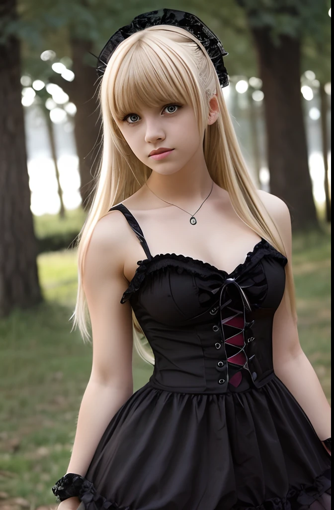 A girl,16 year old,blonde,(bangs bangs),pretty face,muscular arms,gothic and lolita dress