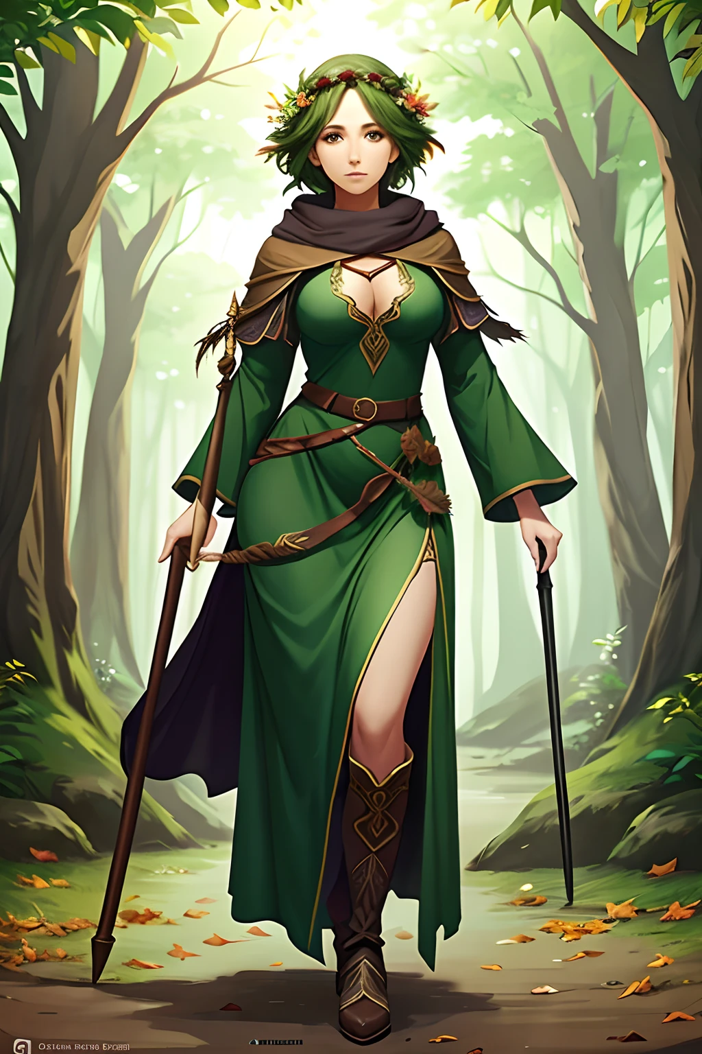 full body beautiful woman with a staff. She is a druid with leaves and dark green on her. full body