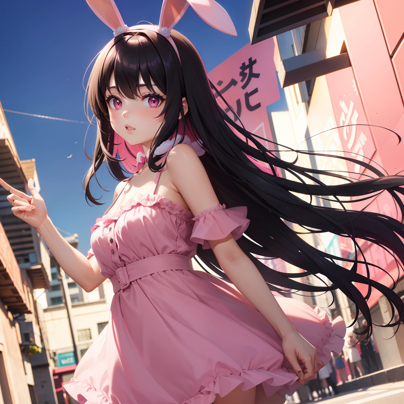 a young women, pink bunny ears, black hair, pink eyes, pink dress