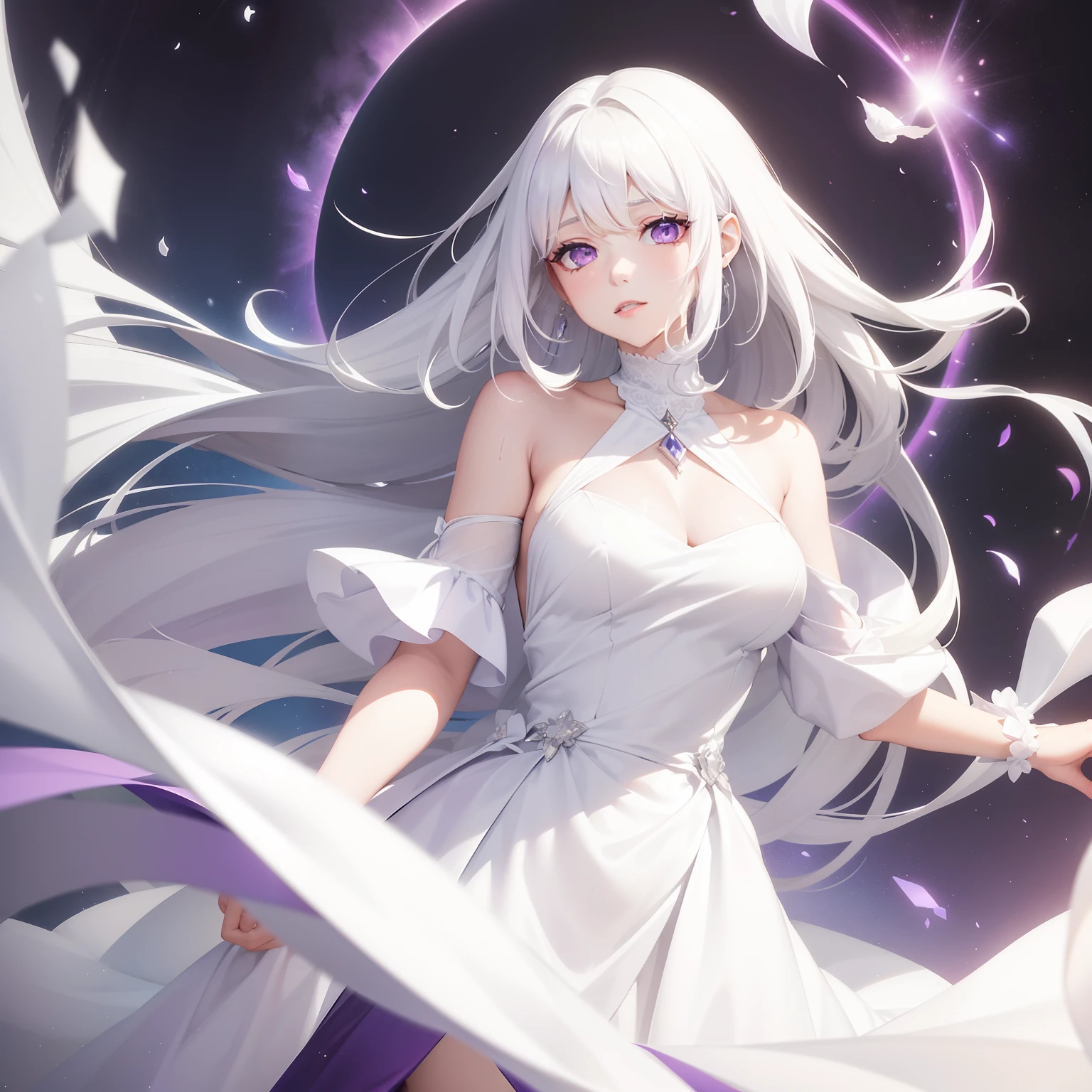 a women, white hair, purple eyes, white dress