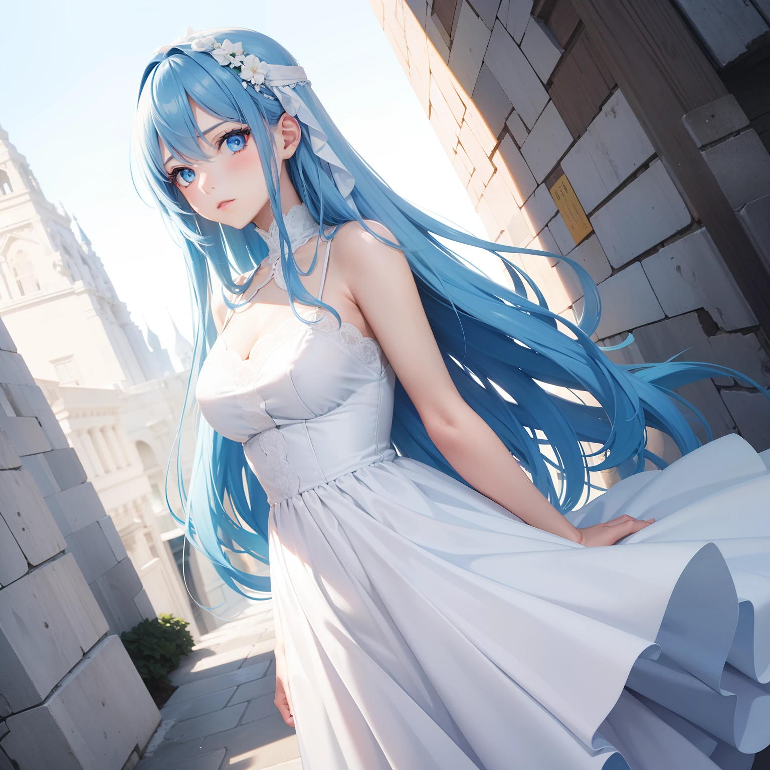 a women, blue hair, blue eyes, white dress