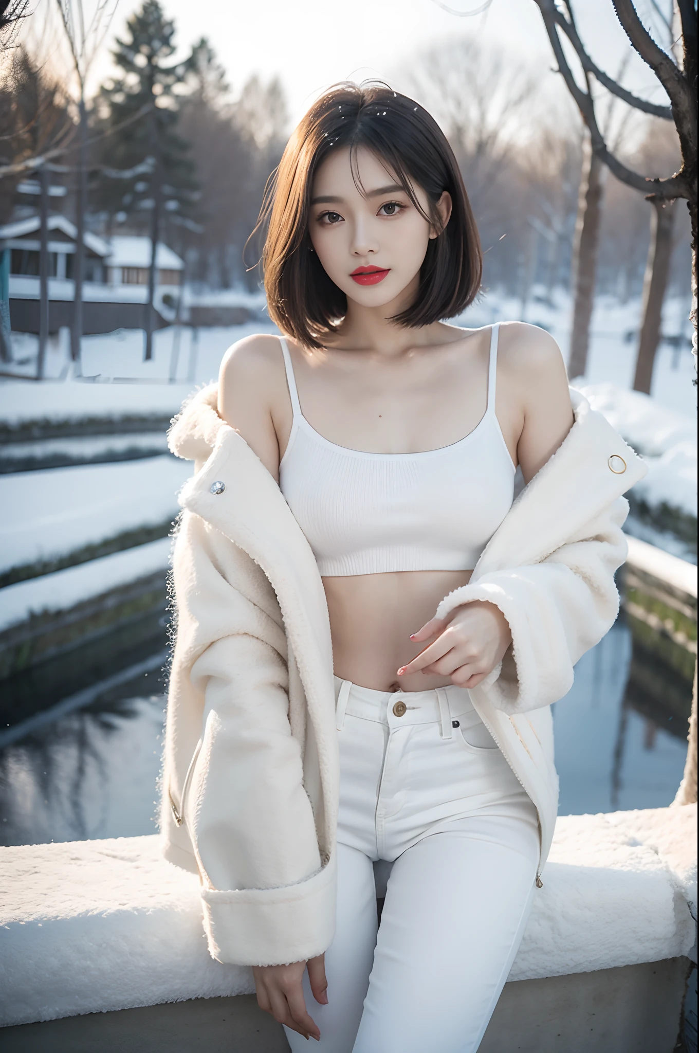 best quality, 4k, 8k, Detailed faces, clear face, a pretty girl, Korean makeup, Red lips,laugh, perfect body,shoulder length straight bob hair,small breasts,thigh,slim,thin, The girl wears a wide white mink fur coat, Underneath the jacket was white sweater and denim pants, Snowscape, winter, garden,Haze weather,Rime