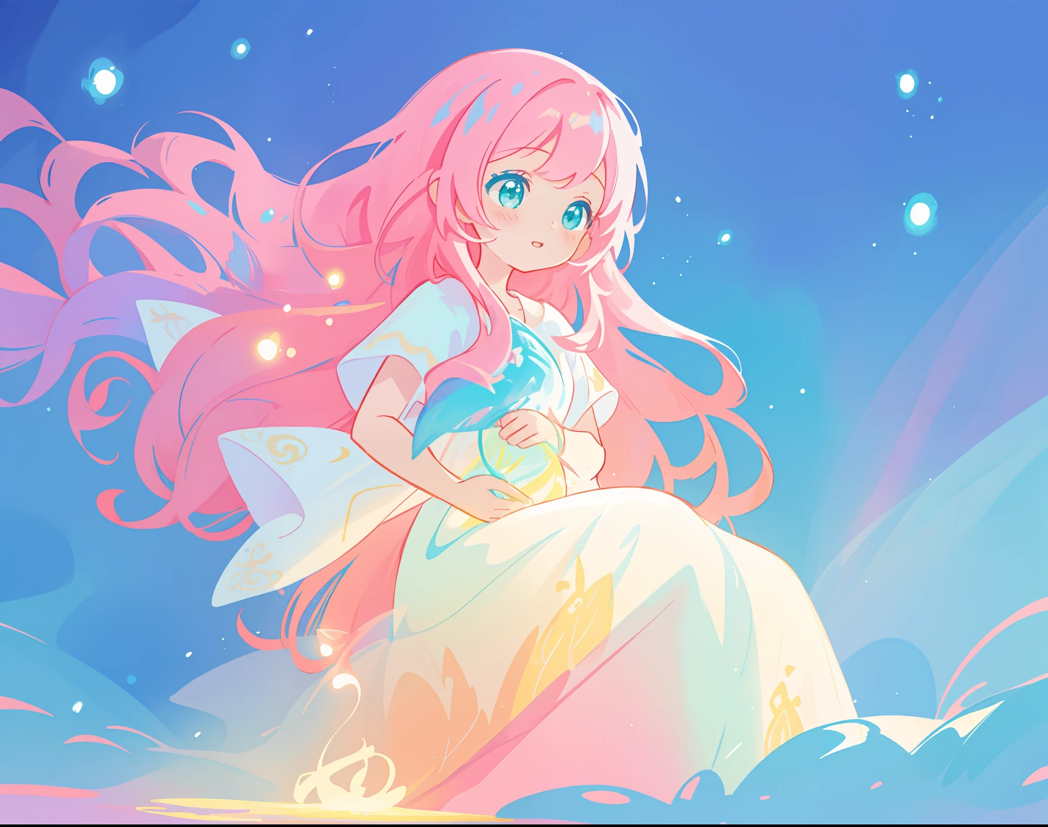 beautiful girl in flowing white dress, vibrant pastel colors, (colorful), magical lights, long flowing colorful pink hair, otherworldly aqua and blue landscape background, inspired by Glen Keane, inspired by Lois van Baarle, disney art style, by Lois van Baarle, glowing aura around her, by Glen Keane, jen bartel, glowing lights! digital painting, flowing glowing hair, glowing flowing hair, beautiful digital illustration, fantasia background, whimsical, magical, fantasy, beautiful face, ((masterpiece, best quality)), intricate details, highly detailed, sharp focus, 8k resolution, sparkling detailed eyes, liquid watercolor