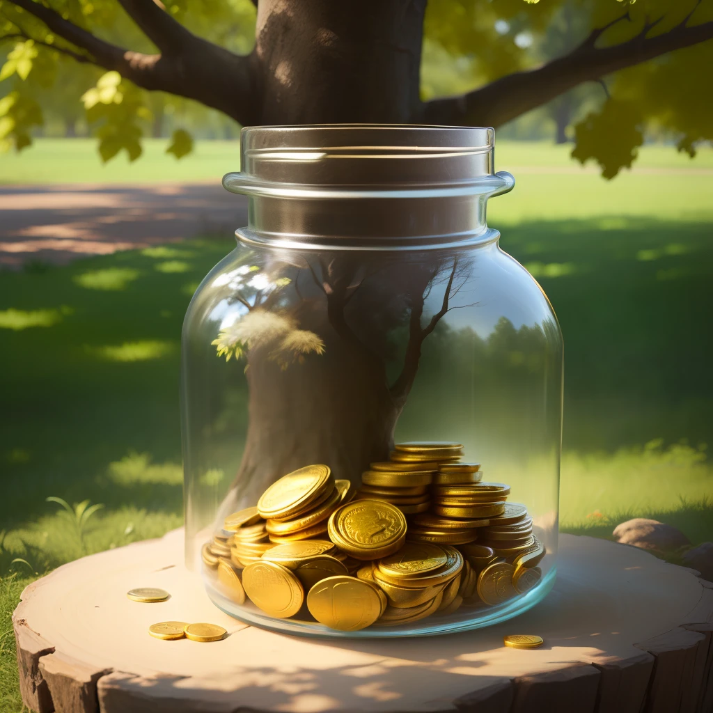 A clay jar with gold coins under a tree