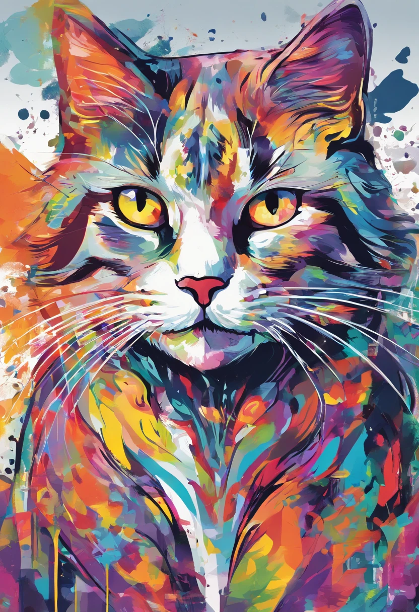 arte splash, grafitti, romero britto, a cat head, juba bem detalhada ((fundo branco)), olhos penetrantes, gato colorido, abstrato, epic instagram, art-station, estilo splash de tinta colorida+, contorno, hiperdetalhado intricadamente detalhado, Motor irreal, genial, detalhes intrincados, tela inicial, cores complementares, conceito realista arte, 8K分辨率, obra-prima do deviantart, oil-painting, pinceladas pesadas, pingos de tinta, artes de salpicos
