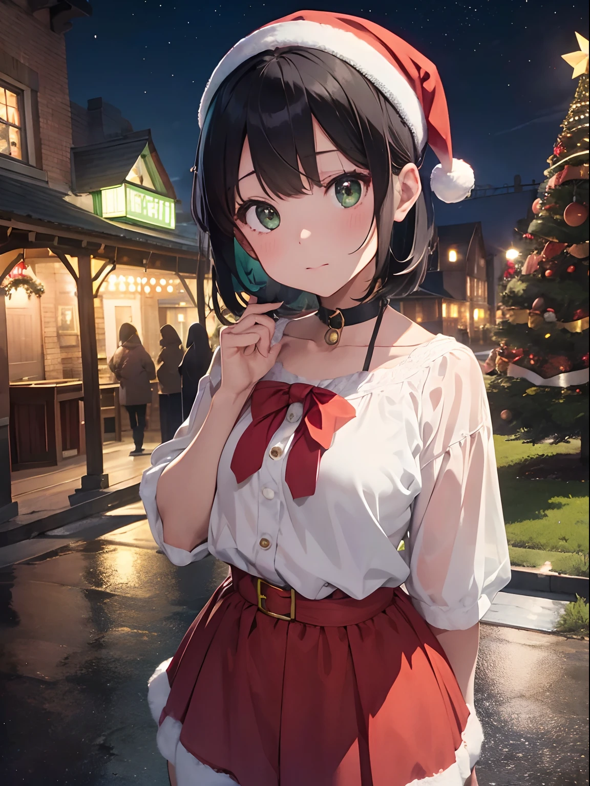 Bangs Black Hair Bob、Kawaii Girl、Green eyes、Choker around the neck、 Christmas、　Santa Claus Costume, Cinematic Angle, Vibrant colors、Illuminated cityscape、Beautiful Pavilion、Classic attire、 Old Inns (Old Inns) (Old Inns (Old Inns)), Bust-up shot, Delicate writing、 8K,