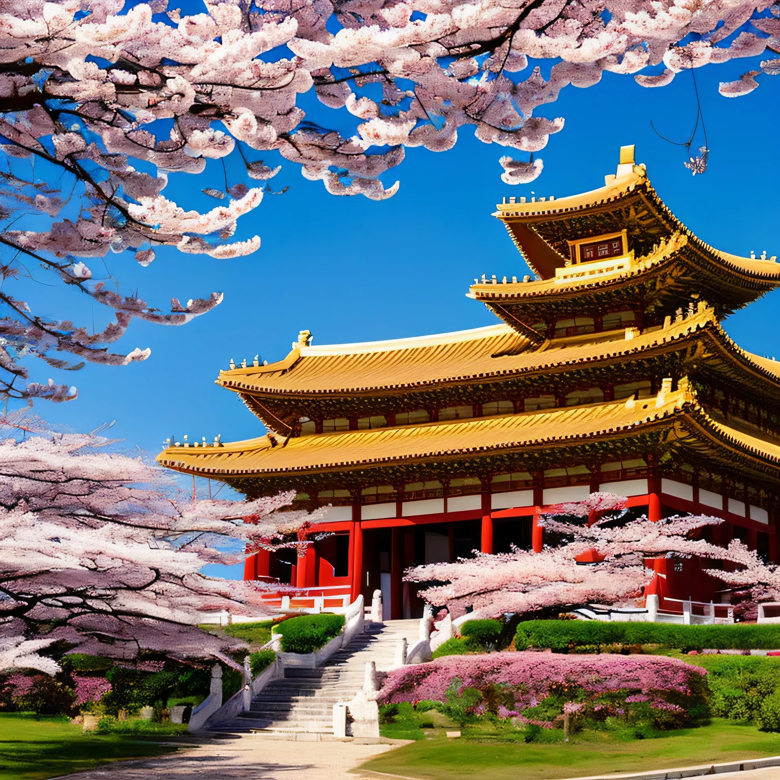 a Korean palace, from the Joseon period, traditional, in the colors of a cherry tree, shown the palace courtyard and the palace itself, in high quality FULL HD, HD, 4K, 8K, Hyper realistic, as if it were in real life, semi-image drawn, or animation, but rather something very close to reality, surrounded by cherry blossoms in the wind. royal style. real life style, realistic style. with the vivid colors of a cherry tree