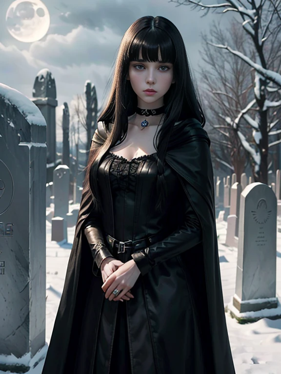 (((Jessica_Faulkner))), 1girl, choker, pale skin, tight black cloak, grey eyes, long hair, straight hair, swept_bangs, (((black hair))), white skin, pale, white, making fist, cemetery, moonlight, leather clothes, snow, asymmetrical bangs, (best quality, 8k, masterpiece:1.2, ultra-detailed, realistic, photorealistic)