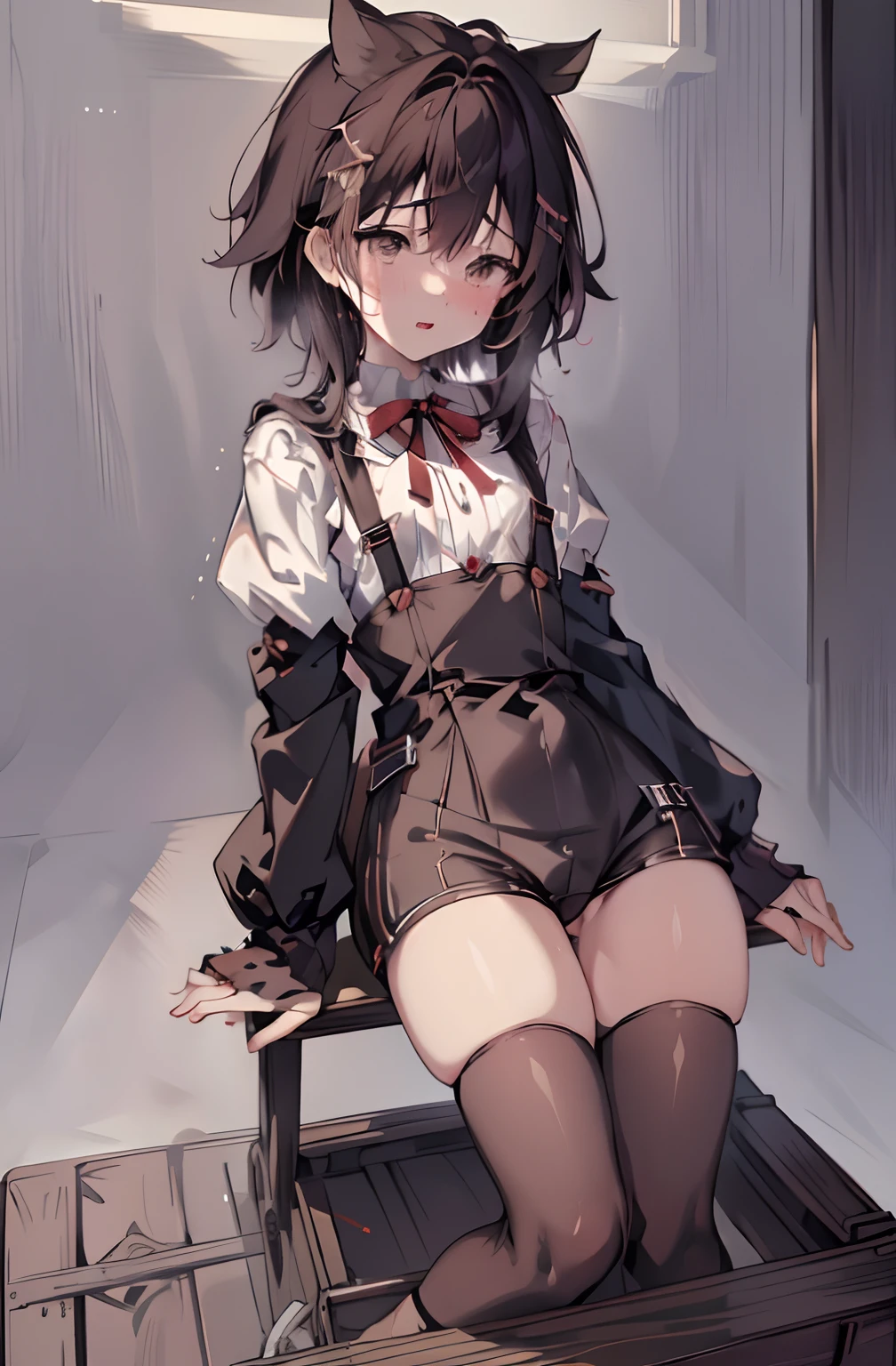 NSFW, cute short girl, soft, small breasts, flat chest, crying, messy hair, wide hips, cute feet, shocked, impact frame, riding, sharp pain, excited, aroused, goo, in a box, in a suitcase, in a van, thigh job, caught, half strip, tears, trembling, curled up in a ball, fetal position, kid in box, child in box, ribbon, torn clothes, casual clothes, bound, strangulation, choking strangling