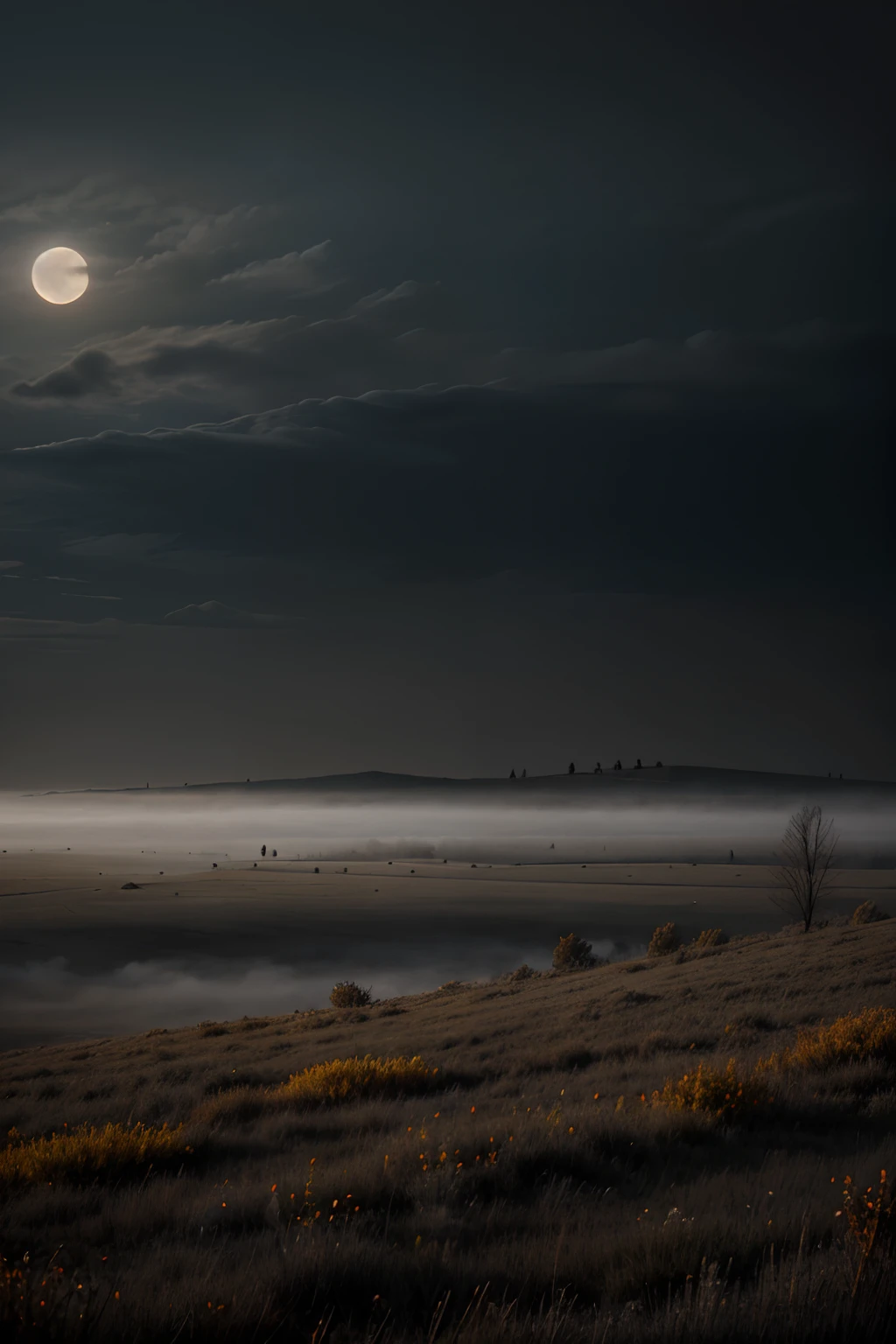 autumn, Deep Night, You can't see anything, steppe, the trees, Clouds, mist, it is frightful, Creepy, Grey, Very vector graphics