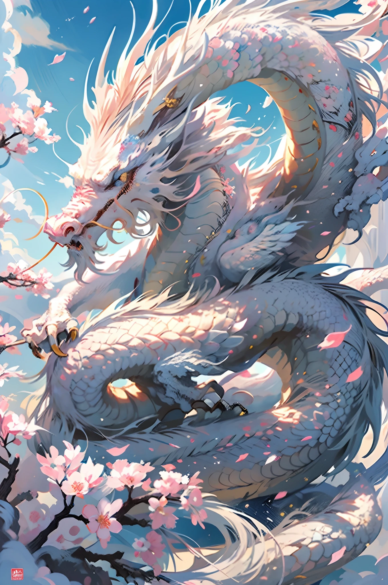 A logo、masterpiece、(white backgrounid:1)、White dragon surrounded by white clouds、Pink cherry blossom tree、flower petals、the wind、Deities、long wavy body、tusk、Fantasia、myth、hightquality、ighly detailed、masterpiece、epic poem、Particle effect、Dynamic effects、Sun in the background