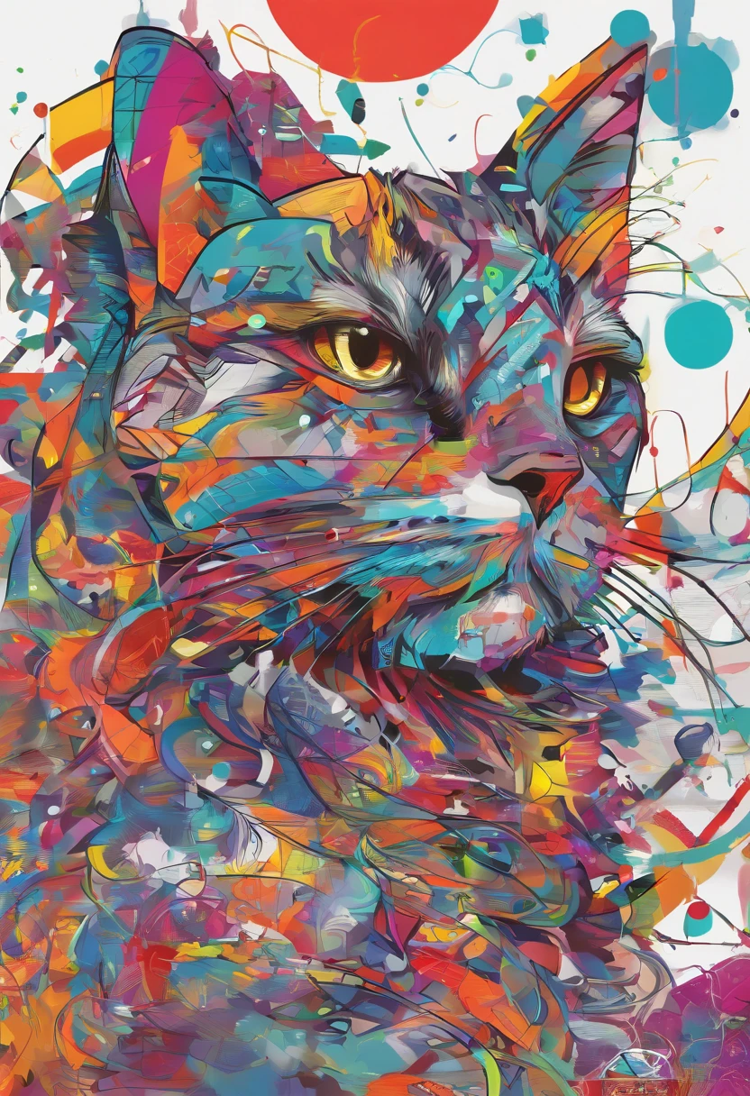 arte splash, grafismo, Geometric figures, Rainbow, grafitti, romero britto, a cat head, juba bem detalhada ((fundo branco)), olhos penetrantes, gato colorido, abstrato, epic instagram, art-station, estilo splash de tinta colorida+, contorno, hiperdetalhado intricadamente detalhado, Motor irreal, genial, detalhes intrincados, tela inicial, cores complementares, conceito realista arte, 8K分辨率, obra-prima do deviantart, oil-painting, pinceladas pesadas, pingos de tinta, artes de salpicos