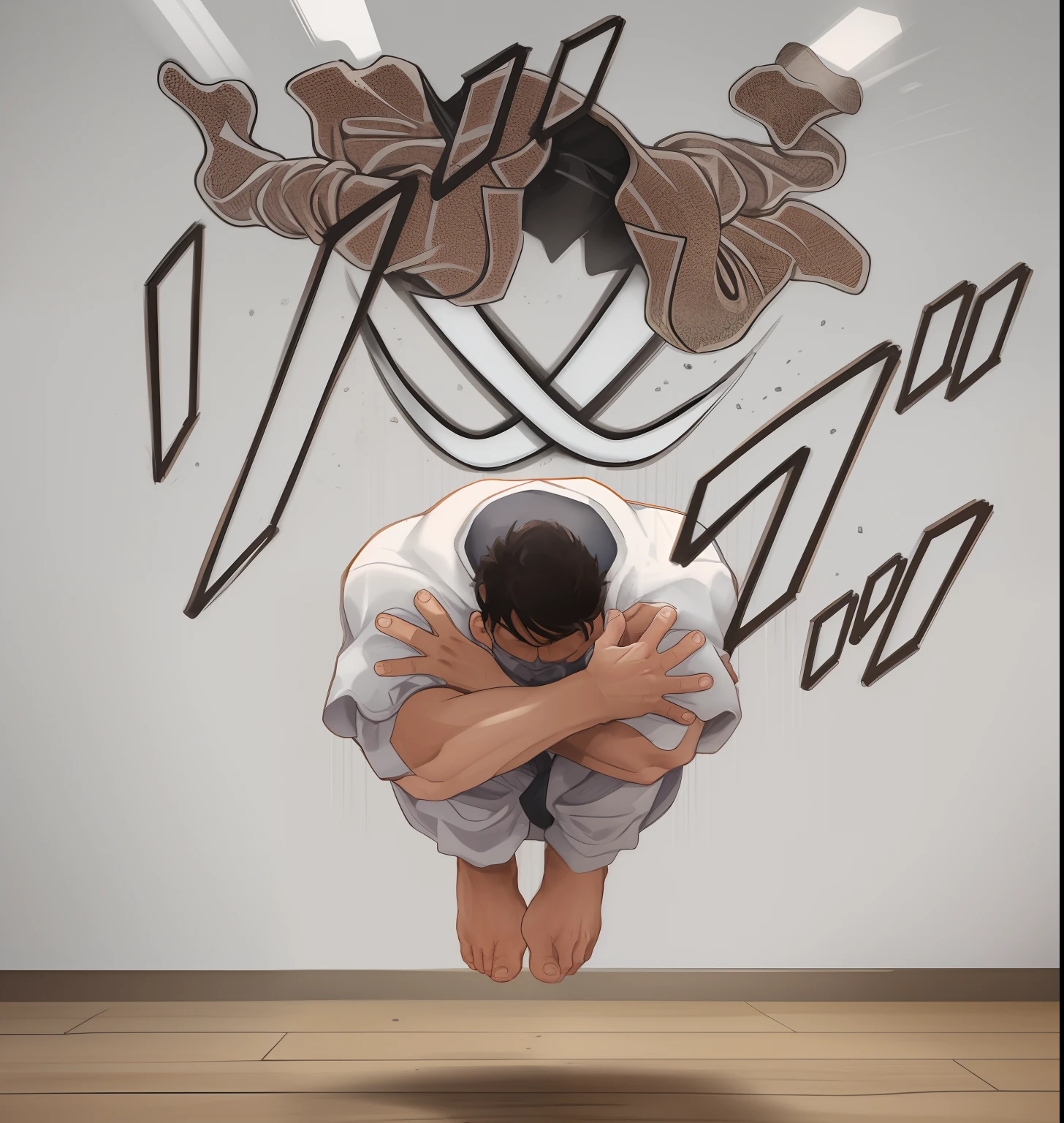 Una imagen de  un hombre saltando de rodillas con los brazos pegados al cuerpo, de fondo dojo de karate.