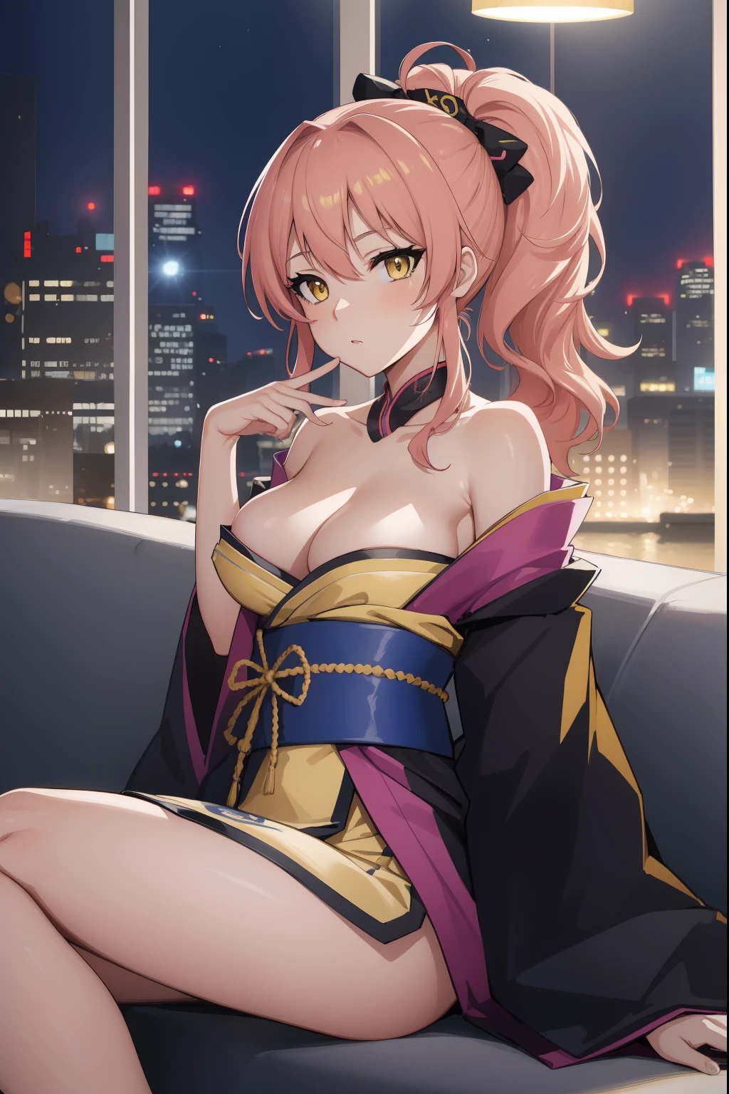 (Night:1.7), Cyberpunk_CityView, Before Window,in front of a wall with a clock,
sitting at attention,sitting on couch,
japanese clothes, kimono, my mai tonight, obi, sash, sidelocks, single hair bun,
mika jougasaki, hair bow, long hair, pink hair, (yellow eyes:1.5), ponytail, hair ribbon,
1 girl, 20yo,young female,Beautiful Finger,Beautiful long legs,Beautiful body,Beautiful Nose,Beautiful character design, perfect eyes, perfect face,
looking at viewer, (innocent_big_eyes:1.0),(expressionless:1.3),
NSFW,official art,extremely detailed CG unity 8k wallpaper, perfect lighting,Colorful, Bright_Front_face_Lighting,
(masterpiece:1.0),(best_quality:1.0), ultra high res,4K,ultra-detailed,
photography, 8K, HDR, highres, absurdres:1.2, Kodak portra 400, film grain, blurry background, bokeh:1.2, lens flare, (vibrant_color:1.2)
(Beautiful,medium_Breasts:1.4), (beautiful_face:1.5),(narrow_waist),(perfect hands, perfect anatomy),