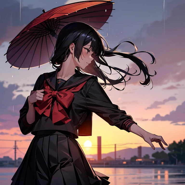 1 girl, black hair, (black sailor suit and black pleated skirt), sunset, (Japanese school in background), raining outside, looking away, top quality, high resolution