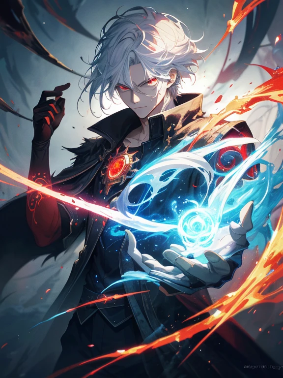 a painting that represents the essence of magic in his world, showing the white-haired, red-eyed protagonist with a mystical black mark on his neck immersed in a cascade of magical energy, with glowing particles dancing around him and arcane symbols forming in the air, masterpiece, best quality, ultra-detailed, illustration, 8k resolution concept art, fantasy art, epic art, 4K concept art wallpaper, deep color, natural lighting