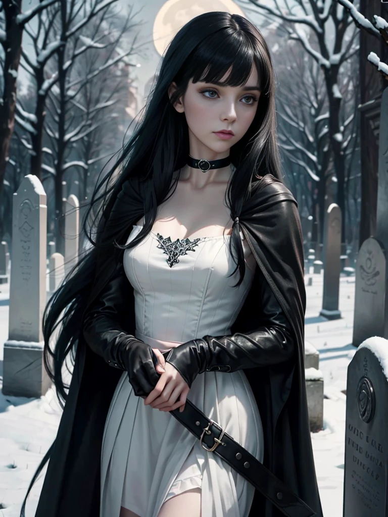 (((Jessica_Faulkner))), 1girl, choker, pale skin, tight black cloak, grey eyes, dynamic pose, tired eyes, long hair, straight hair, swept_bangs, (((black hair))), white skin, pale, white, making fist, cemetery, moonlight, leather clothes, snow, asymmetrical bangs, (best quality, 8k, masterpiece:1.2, ultra-detailed, realistic, photorealistic)