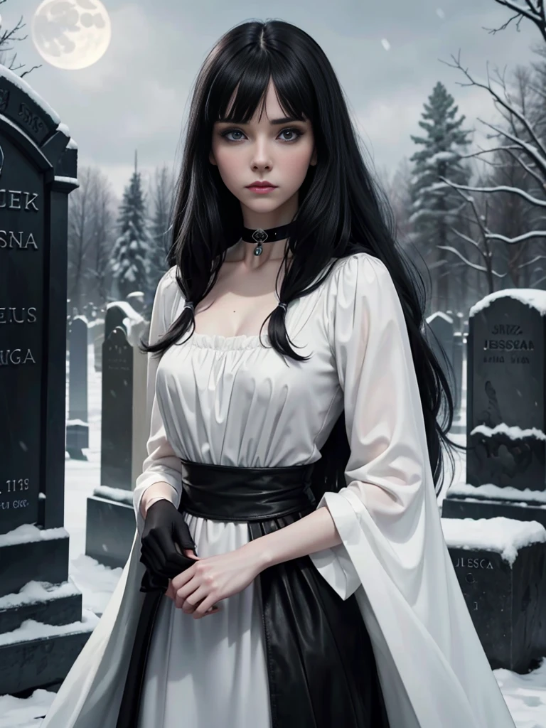 (((Jessica_Faulkner))), 1girl, choker, pale skin, tight black cloak, grey eyes, dynamic pose, tired eyes, long hair, straight hair, swept_bangs, (((black hair))), white skin, pale, white, making fist, cemetery, moonlight, leather clothes, snow, asymmetrical bangs, (best quality, 8k, masterpiece:1.2, ultra-detailed, realistic, photorealistic)