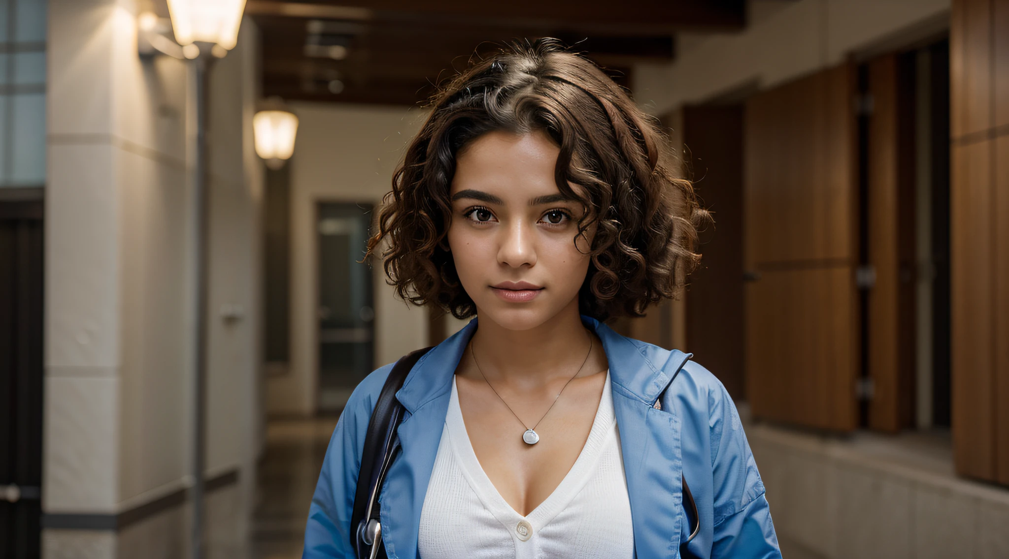 Create a prompt that generates an image of a medical student with Brazilian features. The model should be mulatta, with curly hair, wearing a white coat and a blue backpack on her back. Ensure the inclusion of curly hair, without a stethoscope. Ensure realistic lighting, with white and aligned teeth, and blur the background to create a more professional effect. Please make the image as realistic as possible.