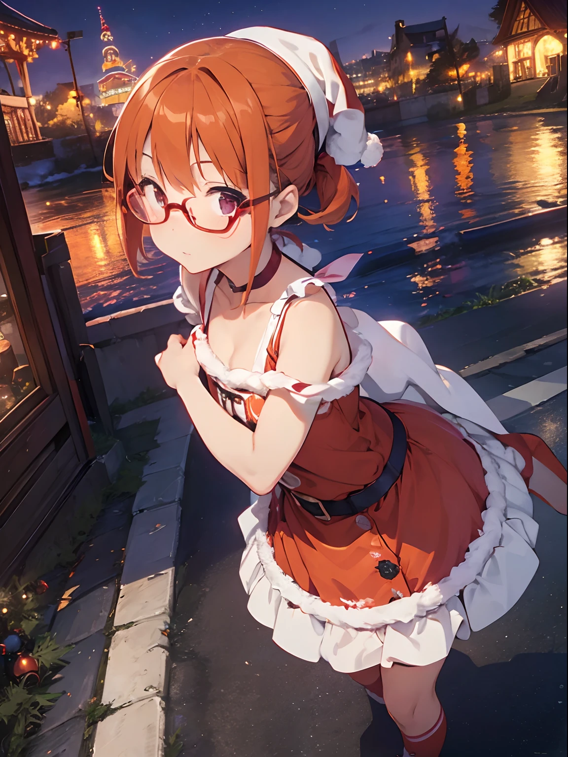 Reddish-purple eyes、 Short hairstyle、Straight short、Orange hair、Kawaii Girl、Neck Headphone Hanging、 Christmas、 Santa Claus Costume、 Wearing glasses, Cinematic Angle, Vibrant colors、Illuminated cityscape、Beautiful Pavilion、Classic attire、 Old Inns (Old Inns) (Old Inns (Old Inns)) 、Bust-up shot, Delicate writing、 8K